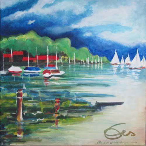 Aquarell Ammersee Utting Blick auf segelnde Schiffe Boote Natur