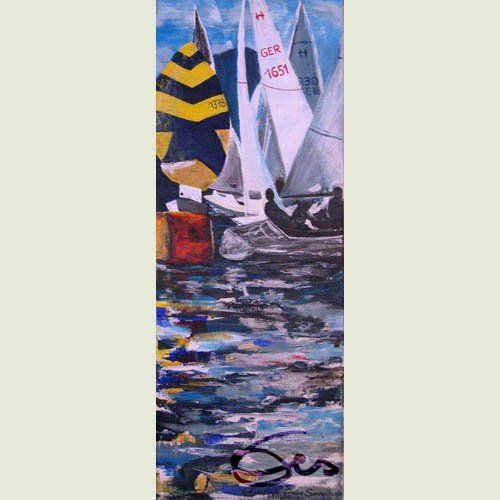 Aquarell Ammersee Utting H-Boote Blick auf segelnde Schiffe Boote Wendemarke