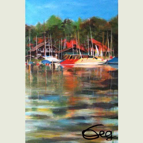 Aquarell Ammersee Utting Bootshäuser Blick auf Ufer ruhende Schiffe Boote Natur