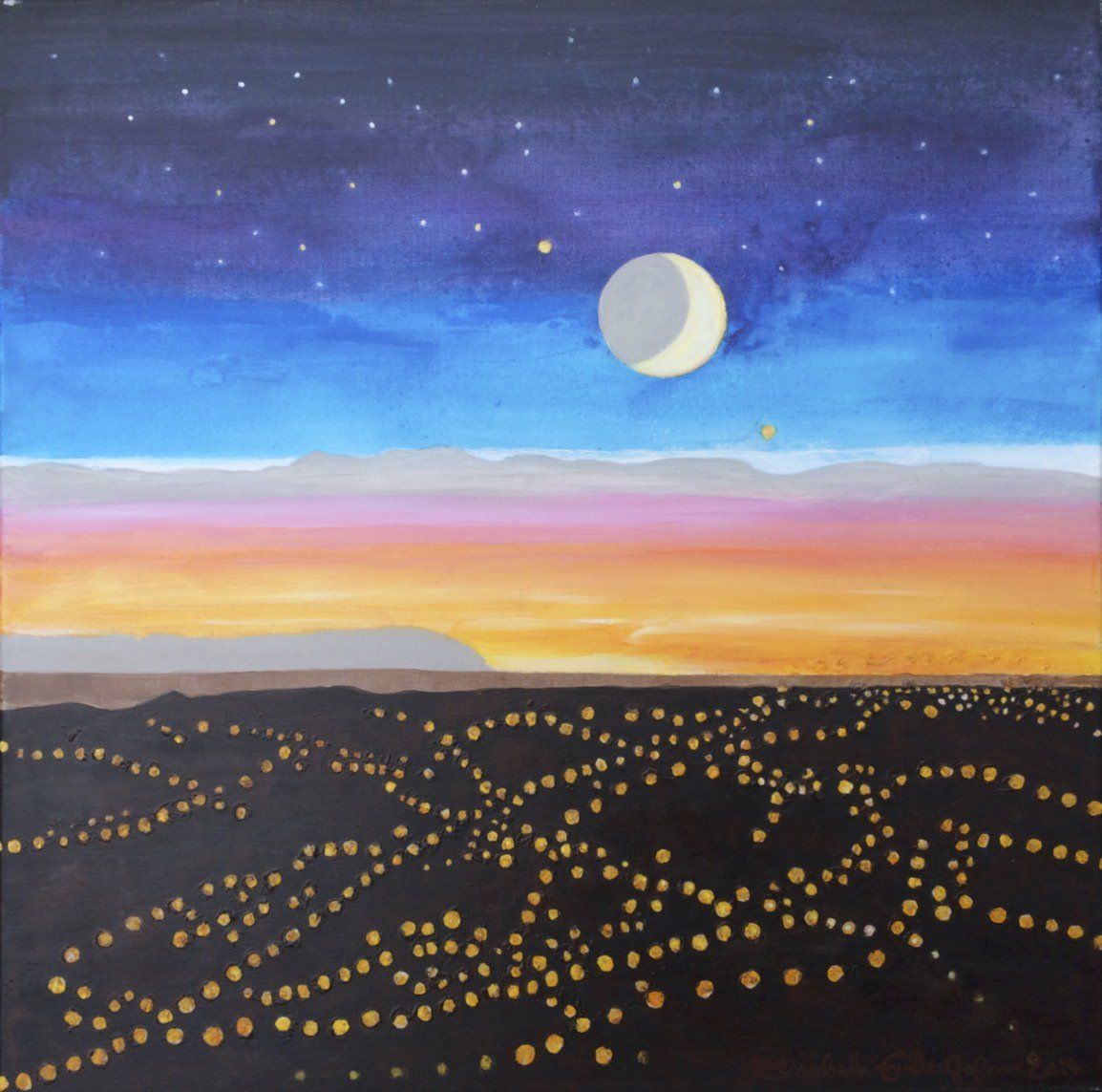 Bild, Acryl, Leinwand, Himmel, Mond, Sterne, Sonnenuntergang