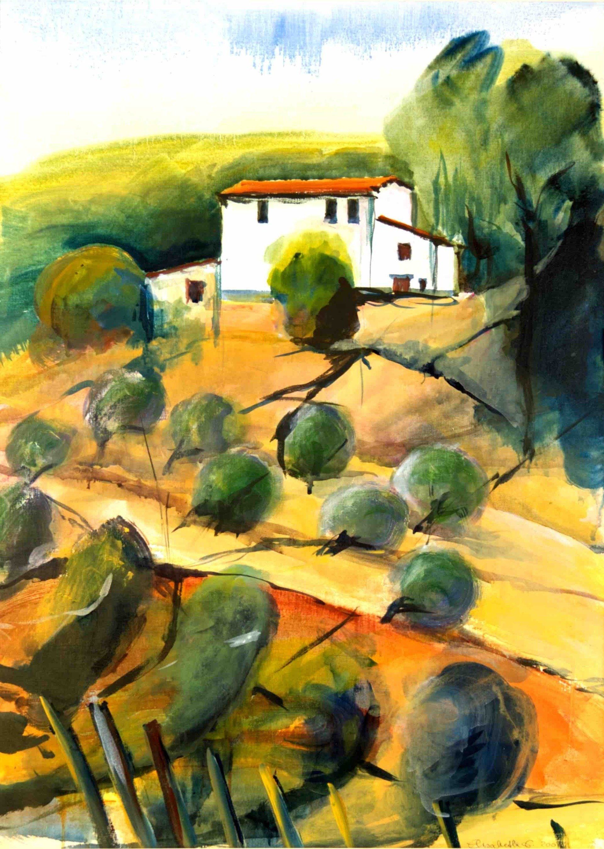 Elisergo, Bild, Acryl, Italien, Toskana, Oliven, orange, Haus, Hügel, grün, Landschaft
