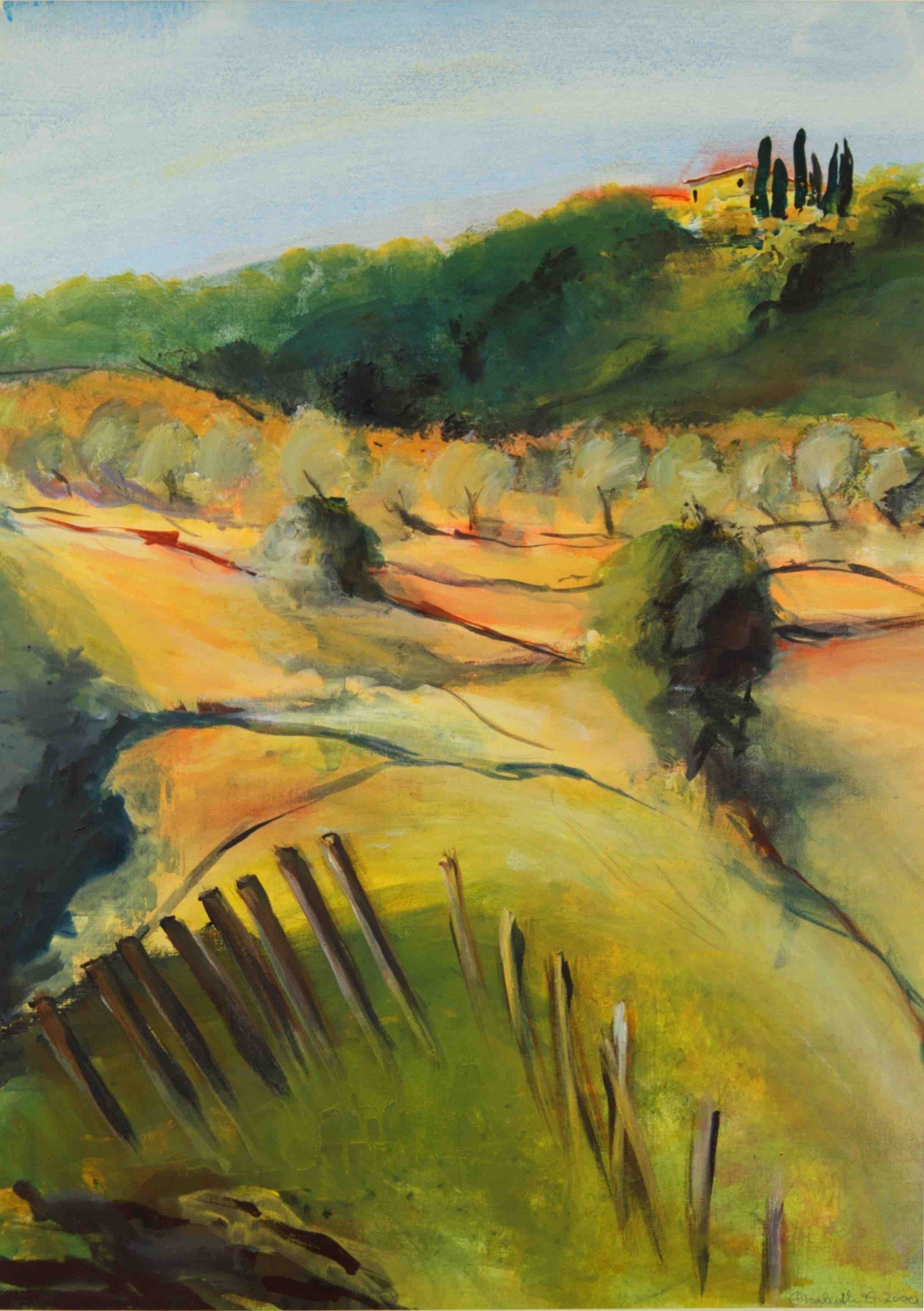 Elisergo, Bild, Acryl, Italien, Toskana, Oliven, orange, Haus, Hügel, grün, Landschaft