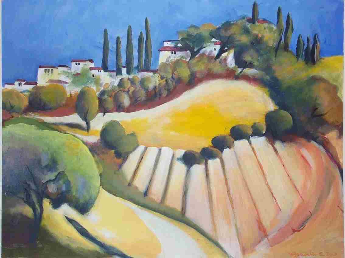 Elisergo, Bild, Acryl, Italien, Toskana, Felder, Ocker, indisch, gelb, Haus, Hügel, grün, Zypressen,  Landschaft