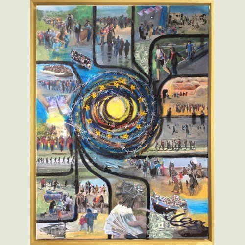 Bild, Freiheit, Flucht, Spirale, Geld,Boot, Flüchtling, Acryl, Leinwand, Elisabeth Ernicke-Goßner