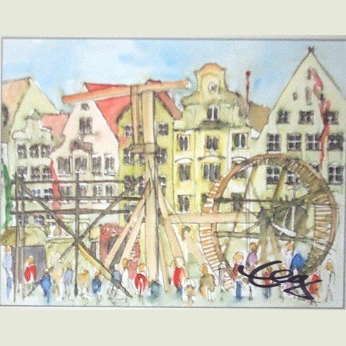 Bild, Augsburg, Acryl, Gebäude,Kirche, Ulrich, Haus, historisch, Fest, Bürger, Rad , Mensch, Elisabeth Ernicke-Goßner