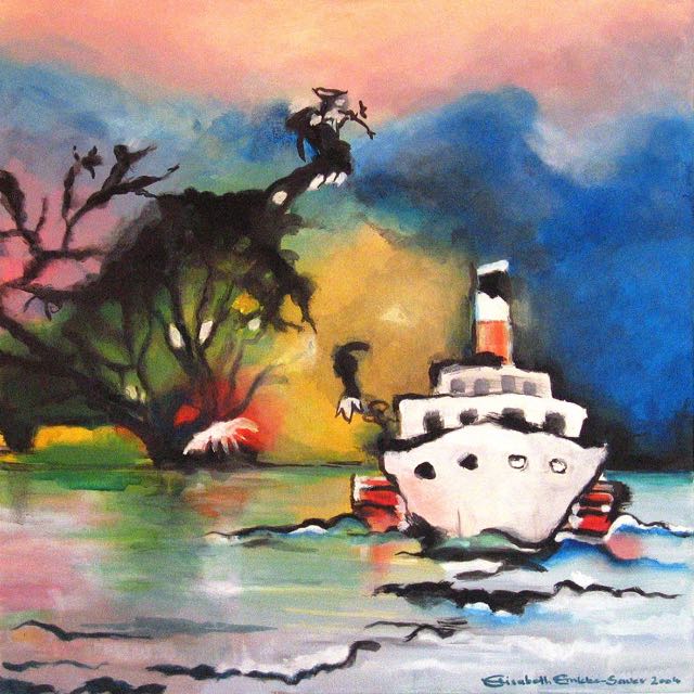 Bild, Wasser, Landschaft, Augsburger Seglerclub, Acryl, Leinwand, Ernicke-Goßner, Elisabeth, Schiffe, Sonne, Dampfer, Schaufelrad
