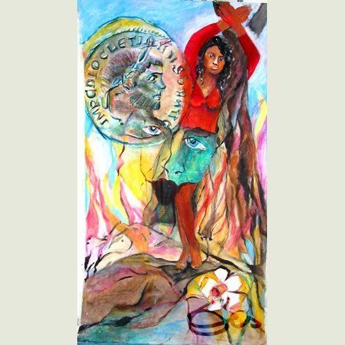 Bild, Augsburg, Acryl, Fahne,Kirche, Ulrich, heilig, Sankt,Afra, Martyrium, Feuer, Mensch, Elisabeth Ernicke-Goßner