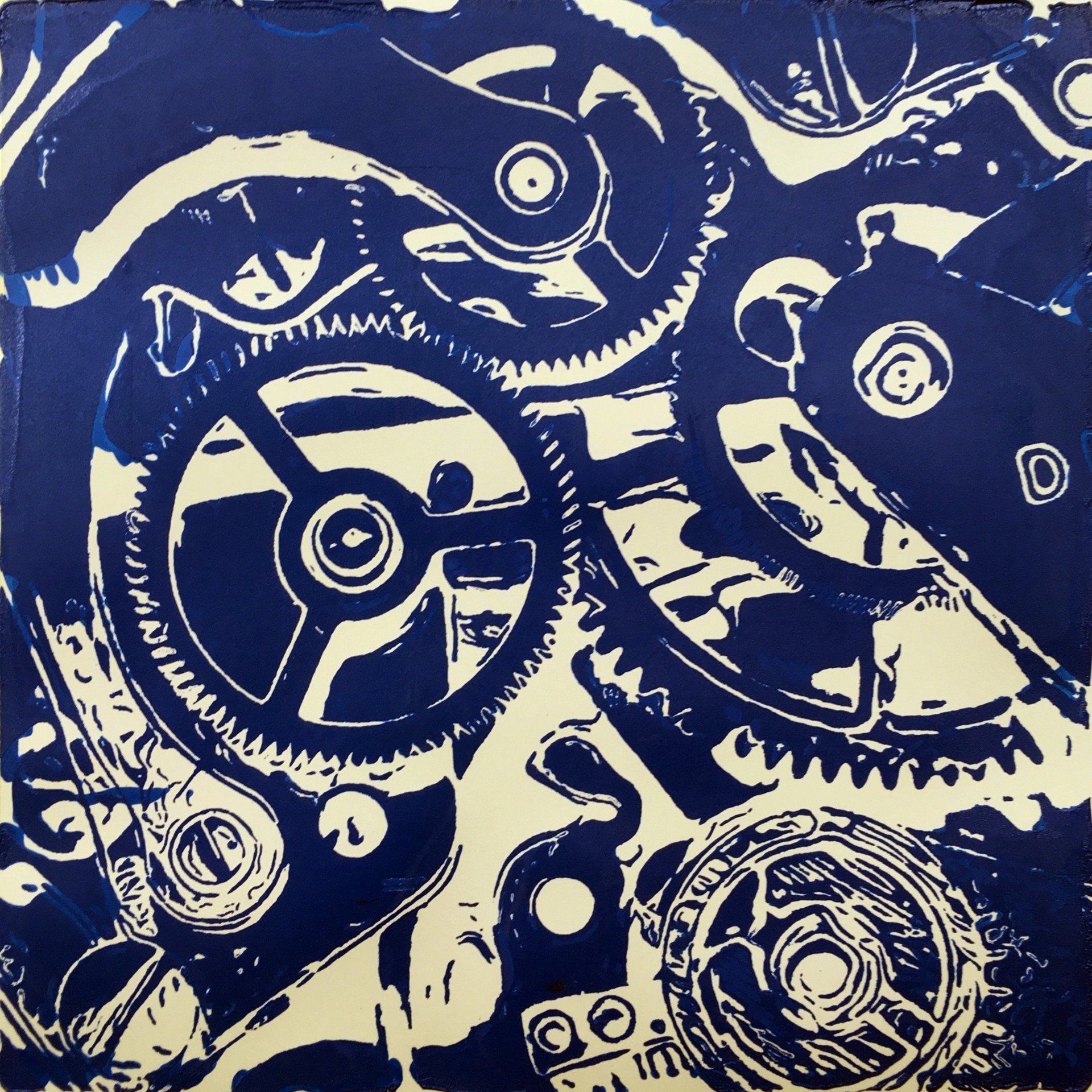 Bild, Gemälde, Siebdruck, Augsburg, Industrie, Zahnrad, Uhrwerk, Wasser, Figur, Hamster, Elisabeth Ernicke-Goßner, Elisergo