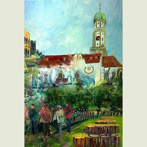 Bild, Augsburg, Acryl, Gebäude,Kirche, Ulrich, Haus,Wallfahrt, Menschen, Elisabeth Ernicke-Goßner