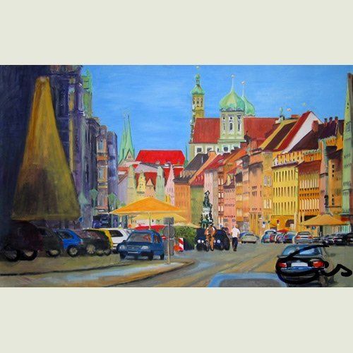 Bild, Augsburg, Acryl, Gebäude, Haus, Technik , Fabrik, Industrie, Technik, Brunnen, Maximilianstraße, Kaisermeile, Elisabeth Ernicke-Goßner