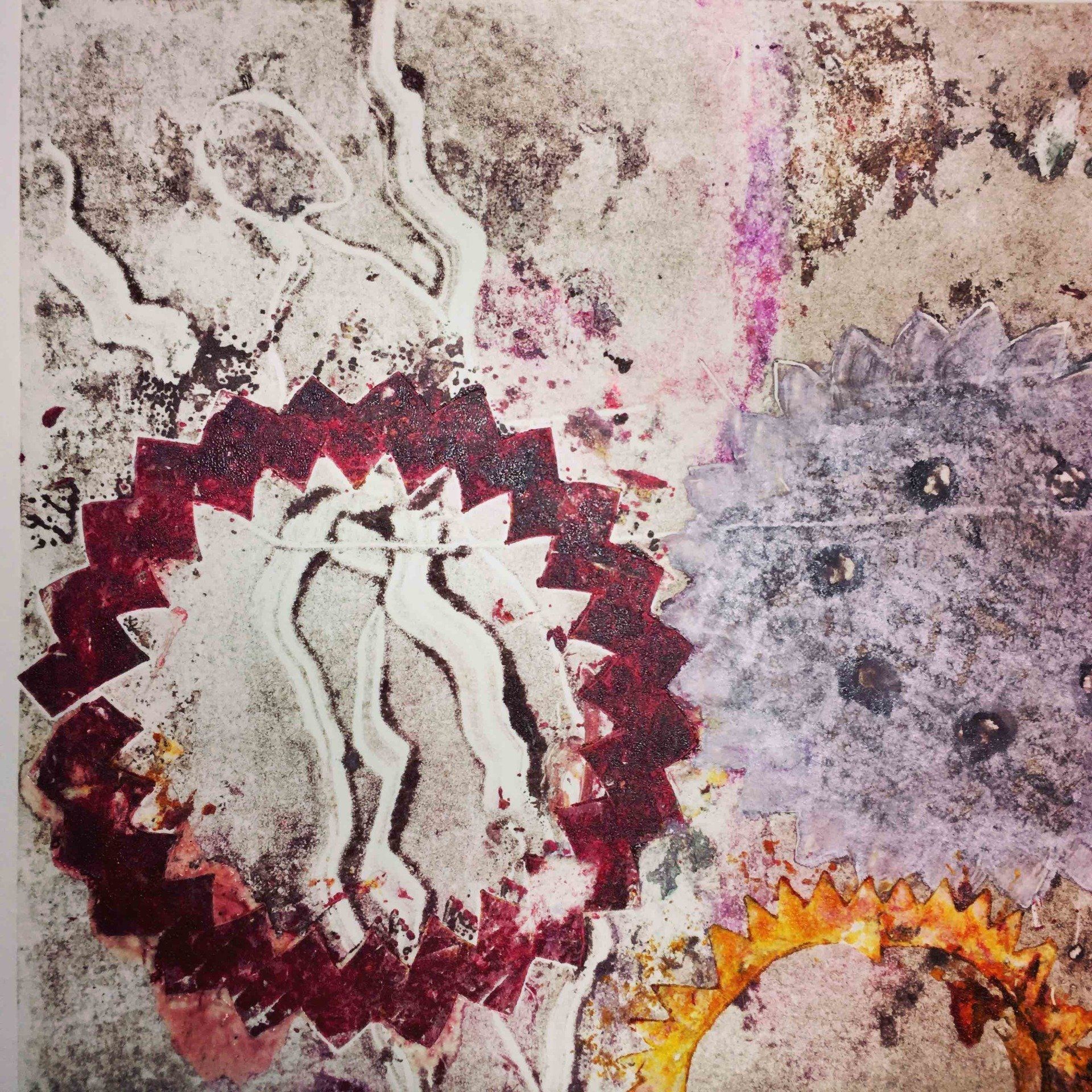 Bild, Gemälde, Siebdruck, Monotypie,  Corona, Kunst, Augsburg, Zahnrad, Uhrwerk, Tanz, Virus , Figur, Hamster, Chronik, Elisabeth Ernicke-Goßner, Elisergo