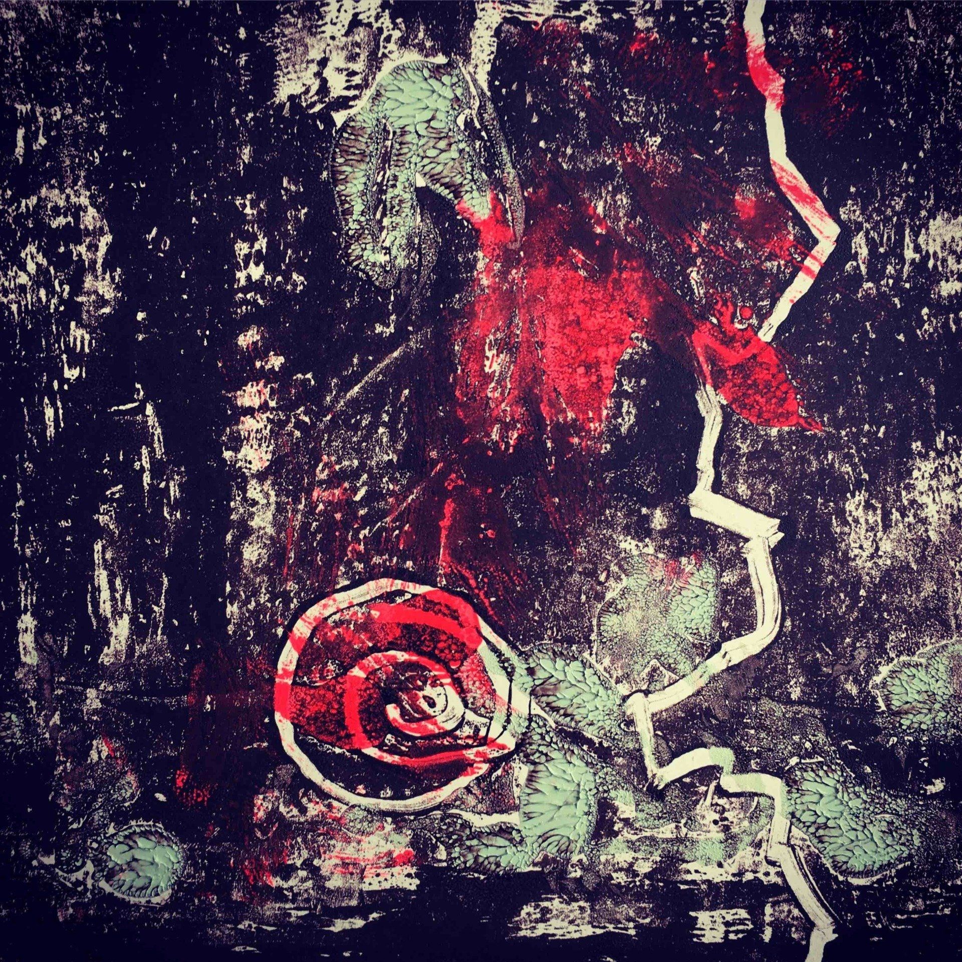 Bild, Gemälde, Siebdruck, Monotypie,  Corona, Kunst, Augsburg, Zahnrad, Uhrwerk, Tanz, Virus , Figur, Hamster, Chronik, Elisabeth Ernicke-Goßner, Elisergo