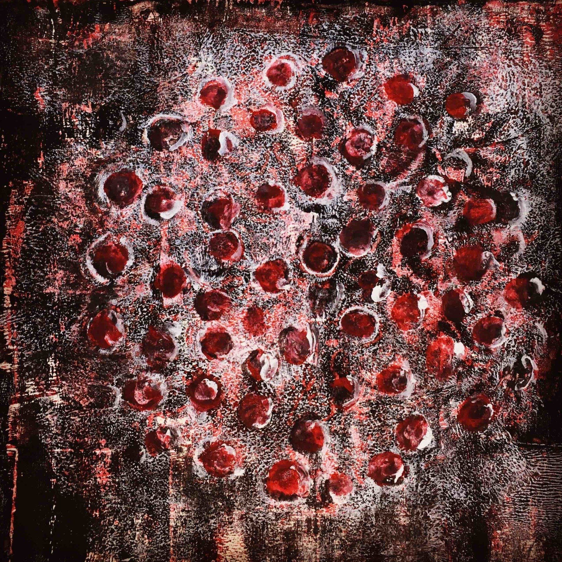 Bild, Gemälde, Siebdruck, Monotypie,  Corona, Kunst, Augsburg, Zahnrad, Uhrwerk, Tanz, Virus , Figur, Hamster, Chronik, Elisabeth Ernicke-Goßner, Elisergo