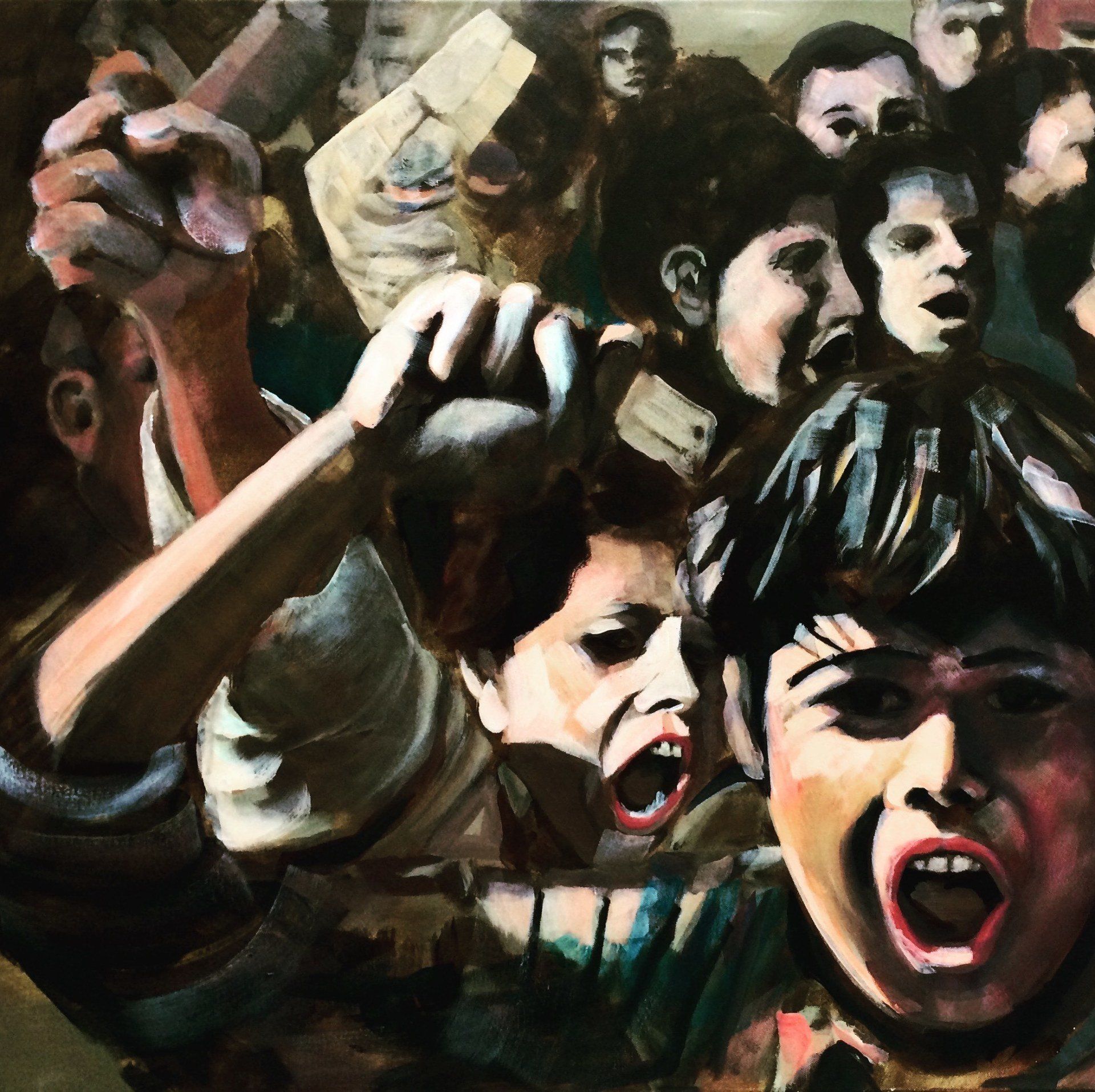 Bild, Gemälde, Siebdruck, Monotypie,  Corona, Kunst, Augsburg, Zahnrad, Uhrwerk, Tanz, Virus , Figur, Hamster, Chronik, Elisabeth Ernicke-Goßner, Elisergo