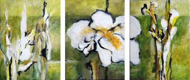 Gemälde, Triptychon, Iris, Blüten 3 Zustände, Entwicklung, Werden und Vergehen, Acryl auf Leinwand, Bild, moderne Kunst, contemporary Art,