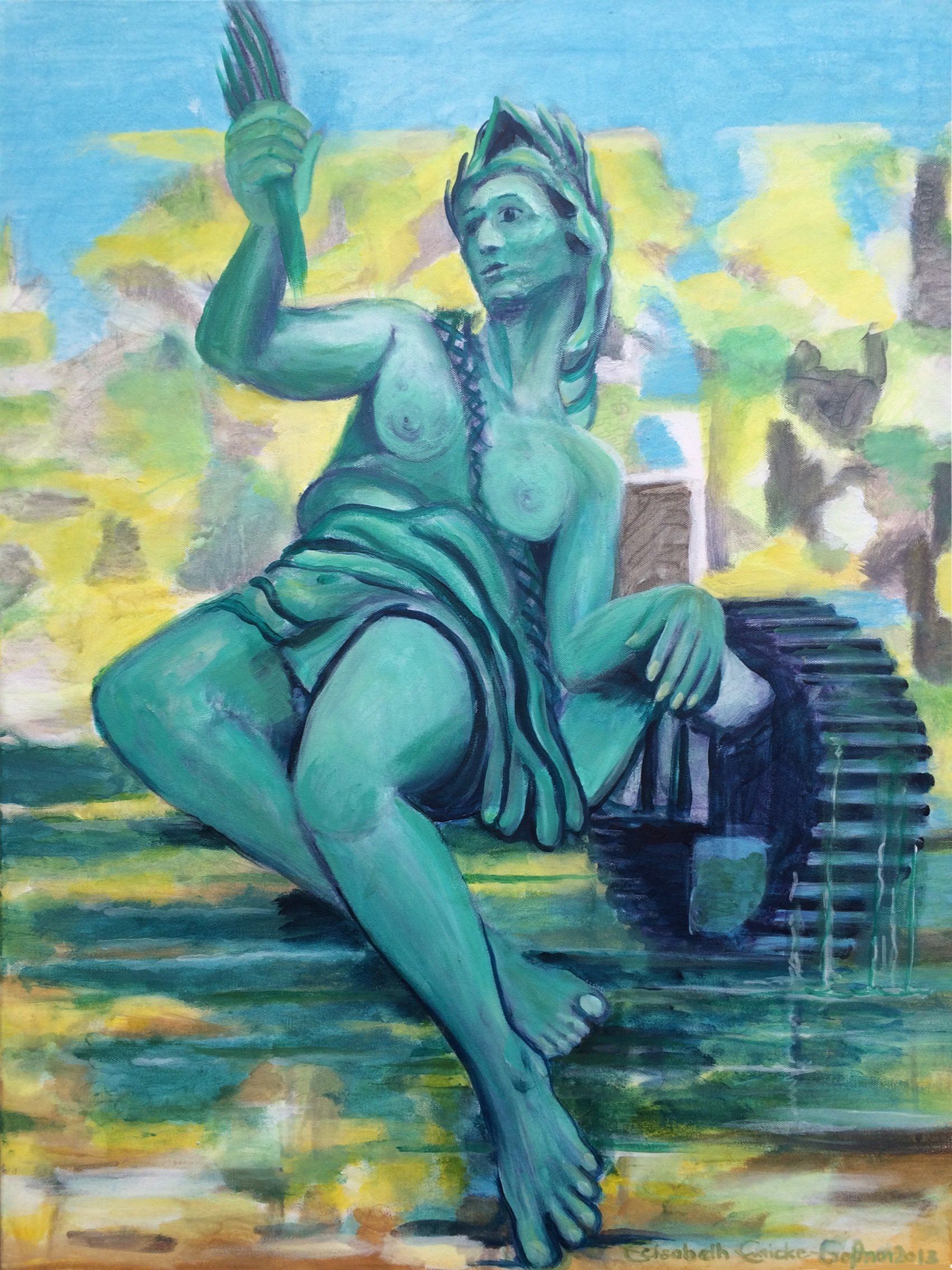 Bild, Augsburg, Acryl, Wasser, Kreuzung, Kanal, Haus, Technik , Fabrik, Industrie, Technik,Kanal, Wasser, Brunnen, Wertach, Figur,Relief, Elisabeth Ernicke-Goßner