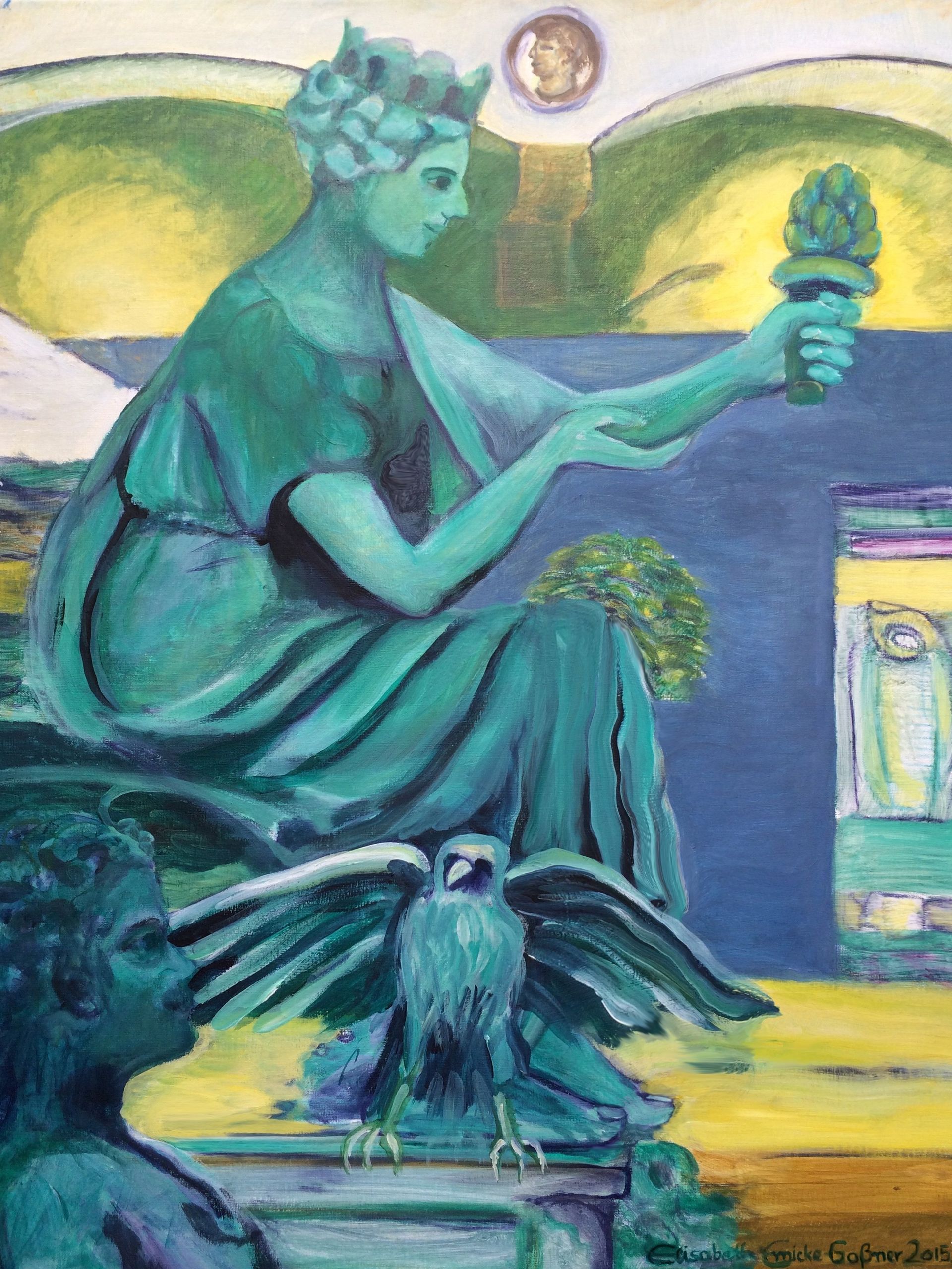 Bild, Augsburg, Acryl, Wasser, Kreuzung, Kanal, Haus, Technik , Fabrik, Industrie, Technik,Kanal, Wasser, Brunnen, Cisa, Figur,Relief, Elisabeth Ernicke-Goßner