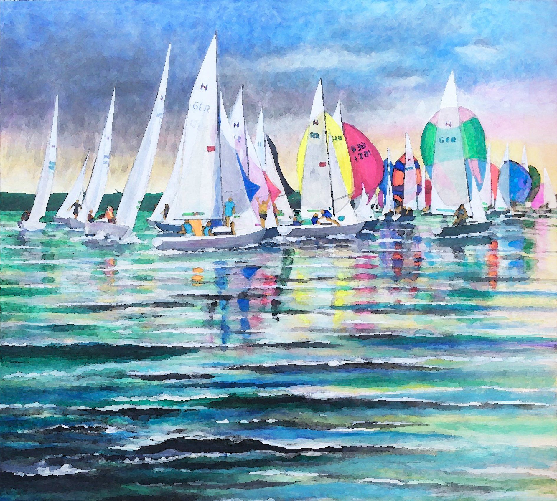 H-Boote nach Regatta auf dem Weg in den Hafen, Großformatiges Acrylgemälde