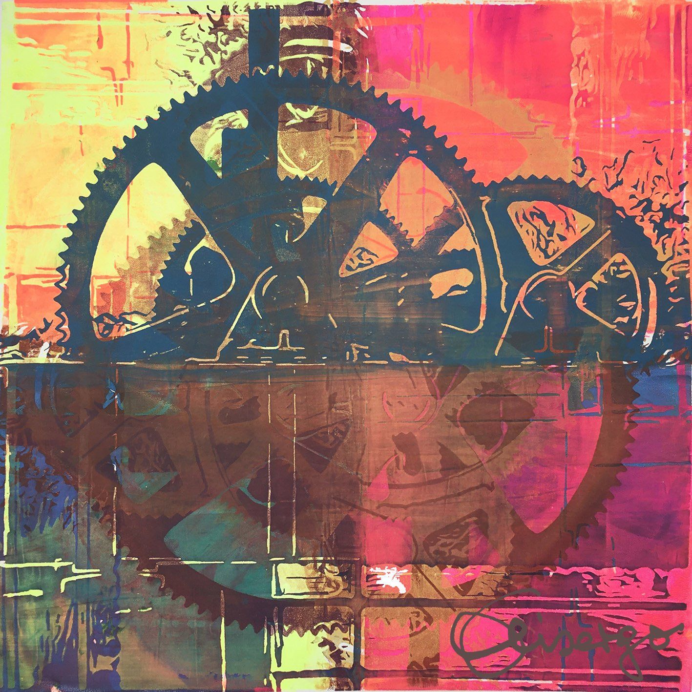 Bild, Gemälde, Siebdruck, Augsburg, Industrie, Zahnrad, Uhrwerk, Wasser, Figur, Hamster, Elisabeth Ernicke-Goßner, Elisergo