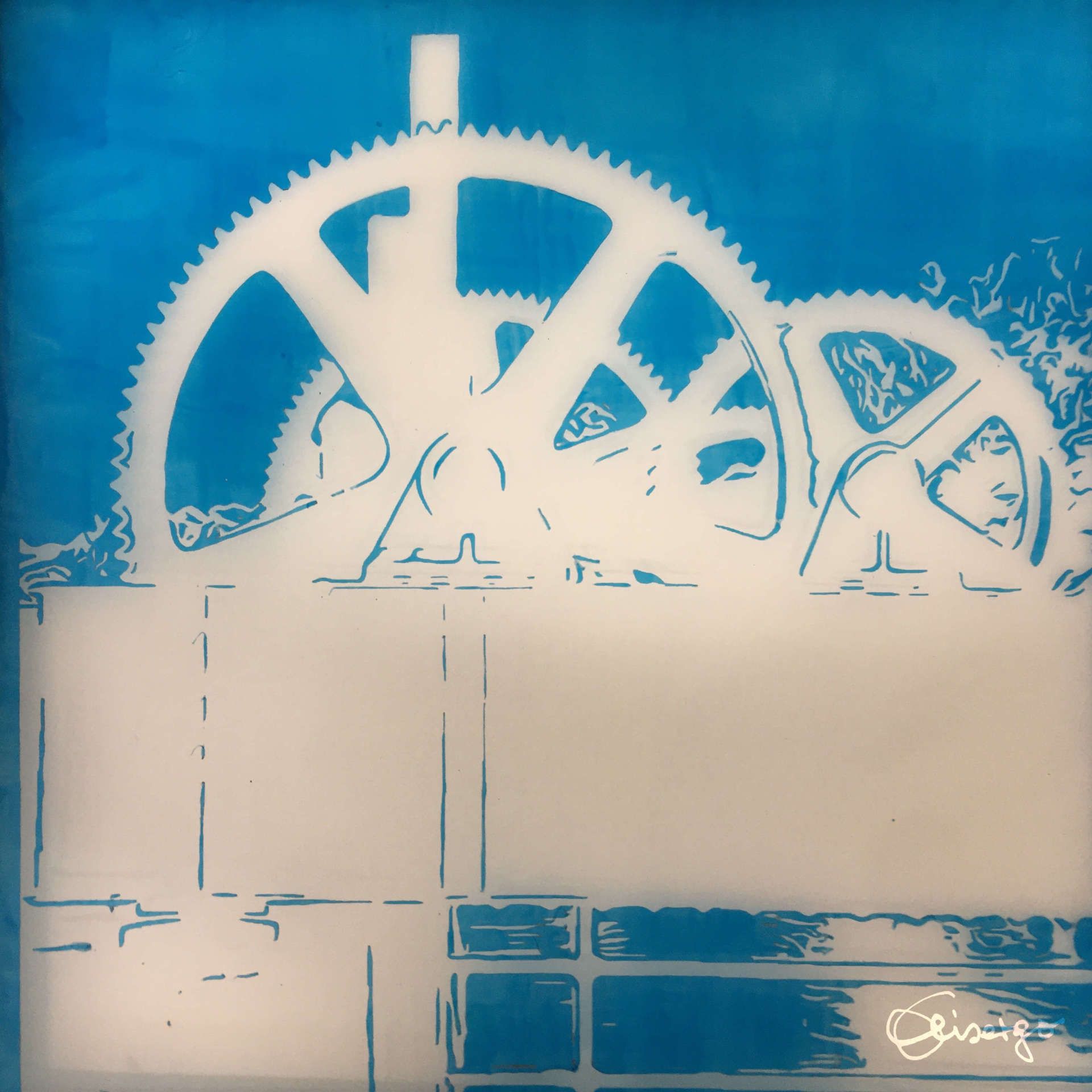 Bild, Gemälde, Siebdruck, Augsburg, Industrie, Zahnrad, Uhrwerk, Wasser, Figur, Hamster, Elisabeth Ernicke-Goßner, Elisergo