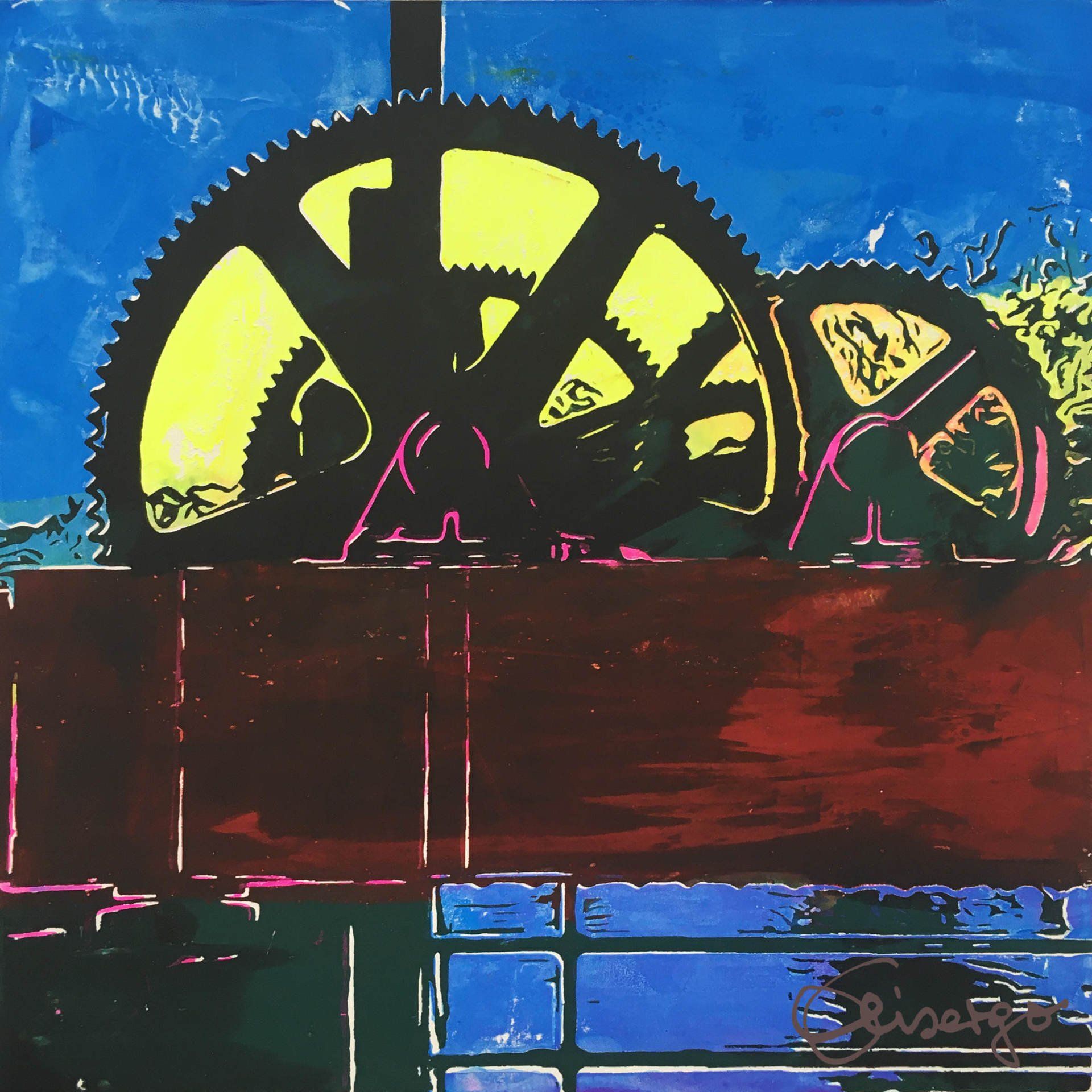 Bild, Gemälde, Siebdruck, Augsburg, Industrie, Zahnrad, Uhrwerk, Wasser, Figur, Hamster, Elisabeth Ernicke-Goßner, Elisergo