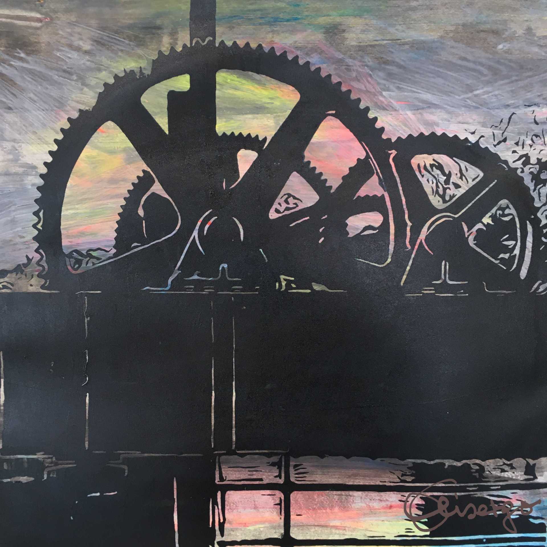 Bild, Gemälde, Siebdruck, Augsburg, Industrie, Zahnrad, Uhrwerk, Wasser, Figur, Hamster, Elisabeth Ernicke-Goßner, Elisergo