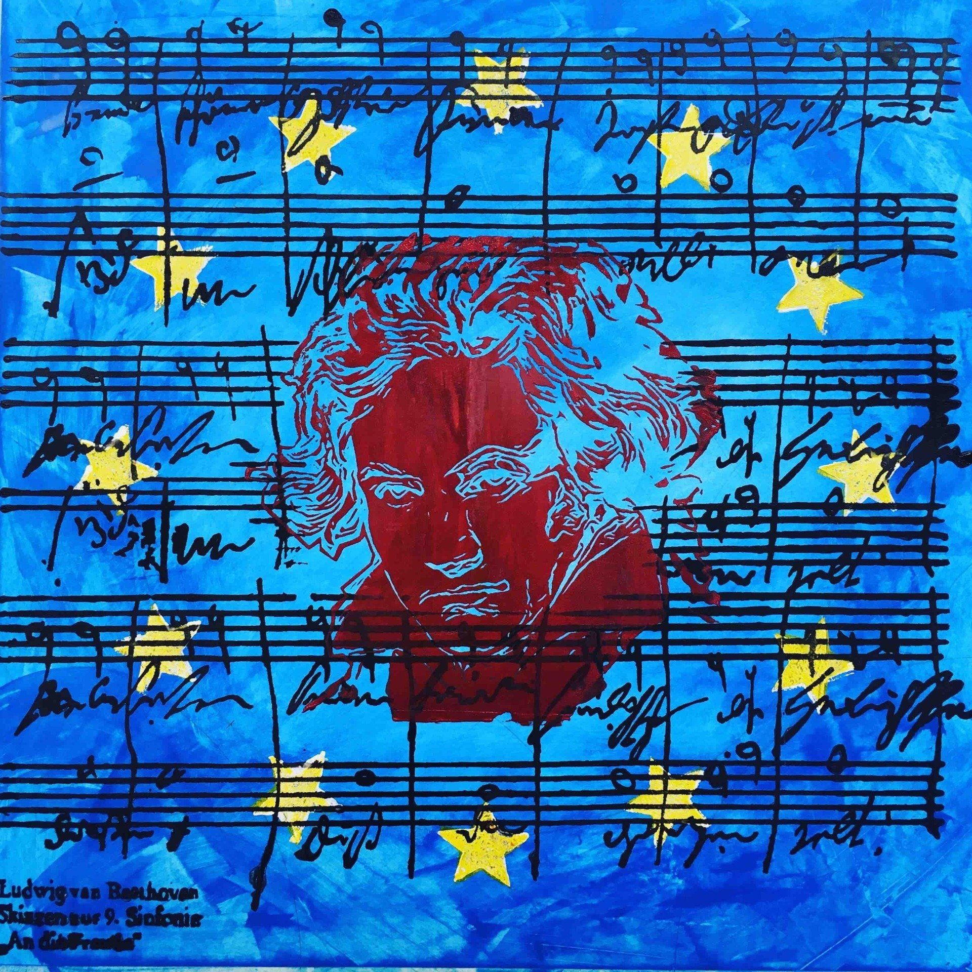 200 Jahre Beethovens 9. Symphonie blaues Bild mit Musik Noten Sternen und Beethoven Portrait