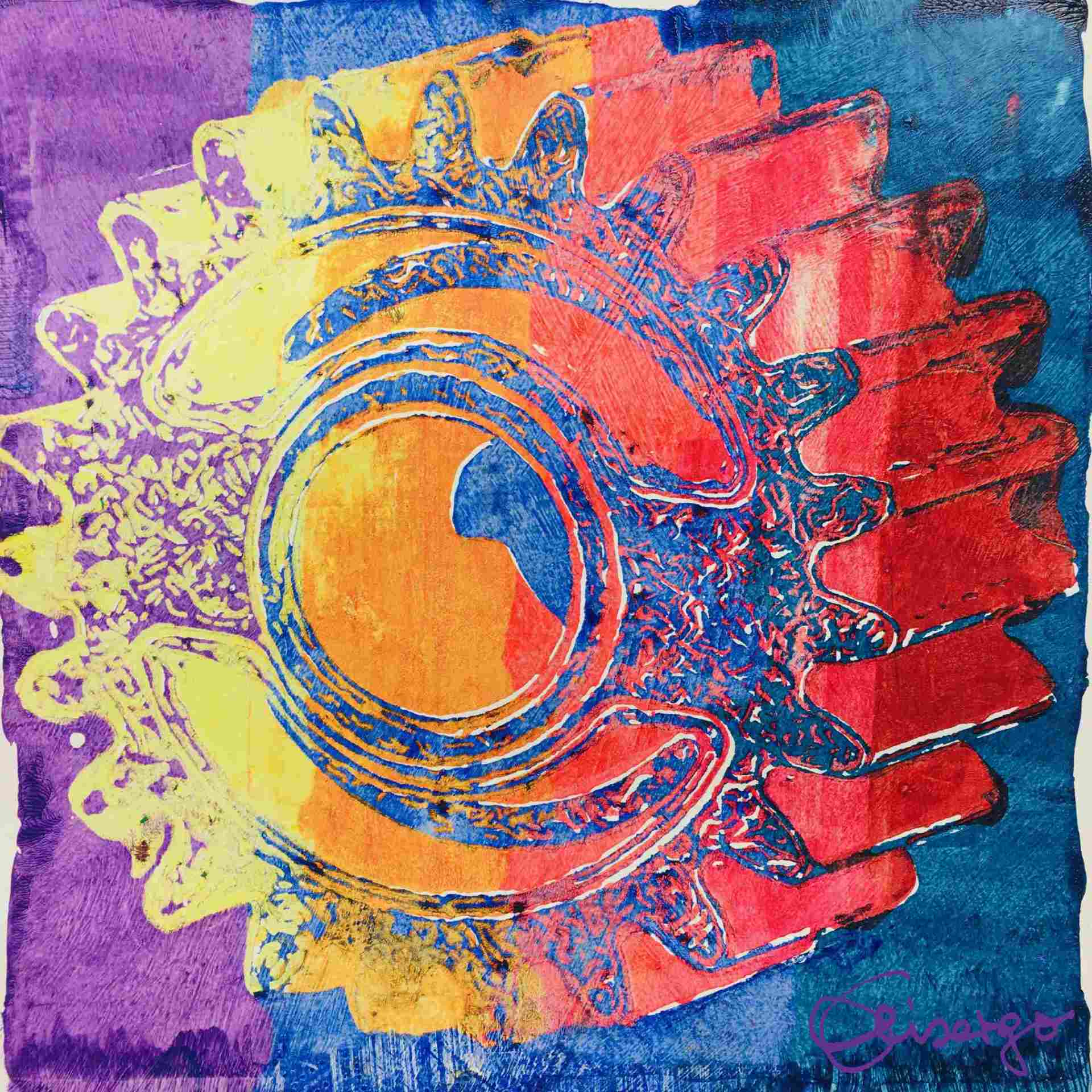 Bild, Gemälde, Siebdruck, Augsburg, Industrie, Zahnrad, Uhrwerk, Wasser, Figur, Hamster, Elisabeth Ernicke-Goßner, Elisergo