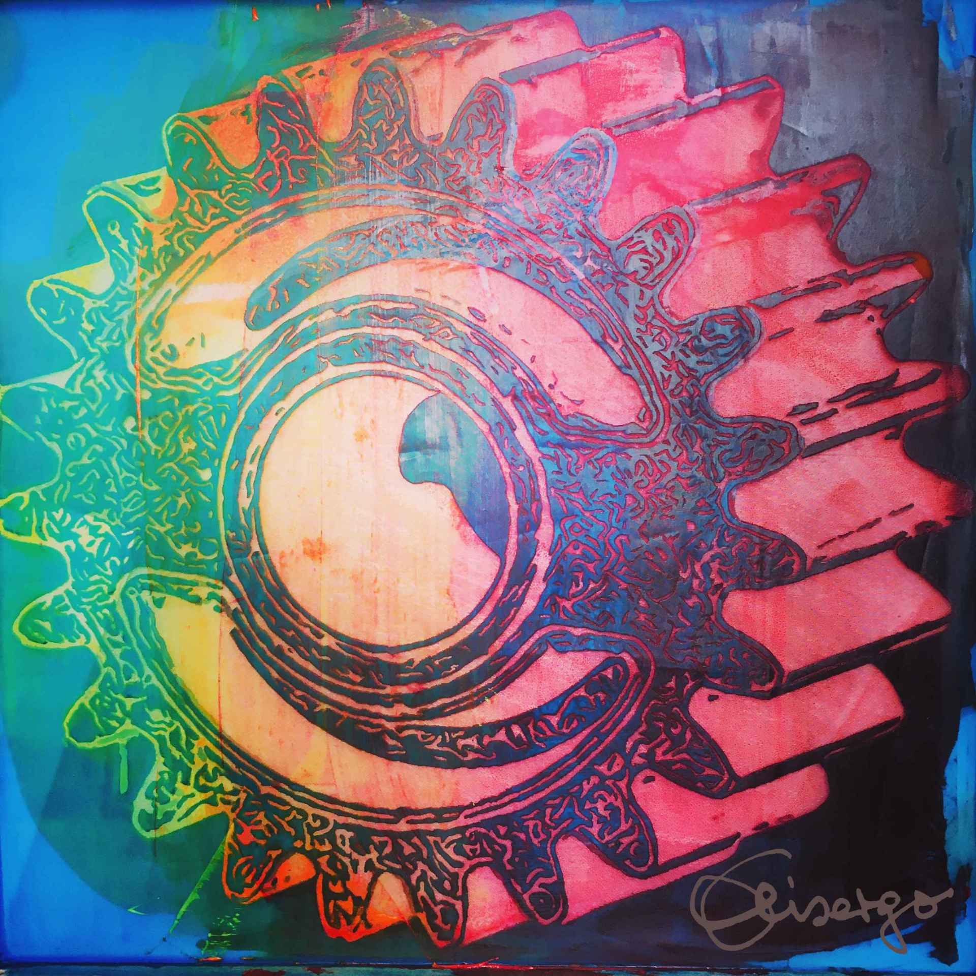 Bild, Gemälde, Siebdruck, Augsburg, Industrie, Zahnrad, Uhrwerk, Wasser, Figur, Hamster, Elisabeth Ernicke-Goßner, Elisergo