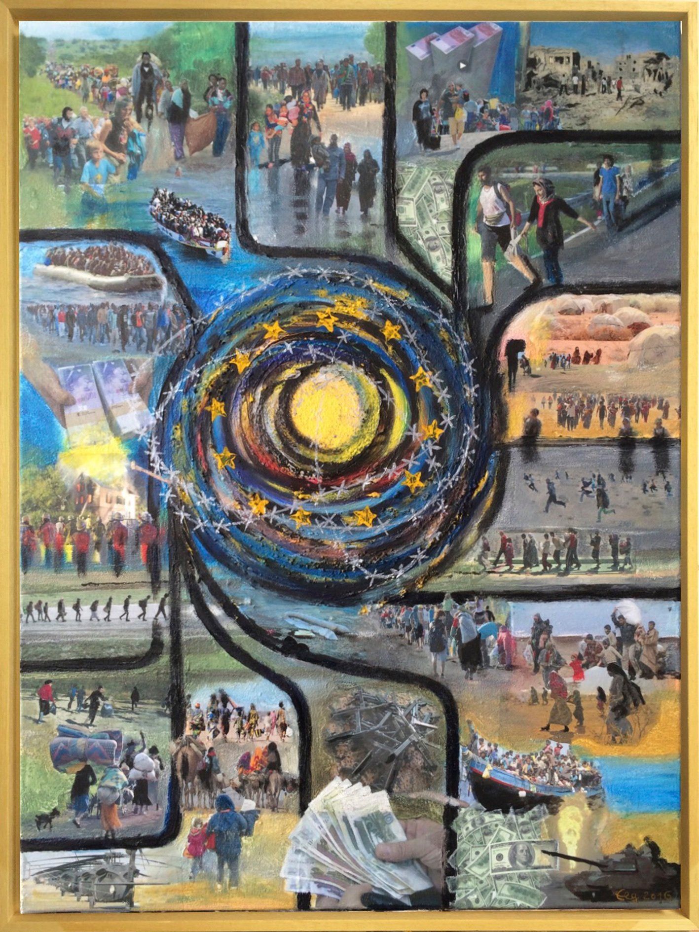 Fluchtpunkt, flucht, Wüste, Geld, Bestechung, Schlepper, Bild, Acryl, Mischtechnik, Elisabeth Ernicke-Goßner