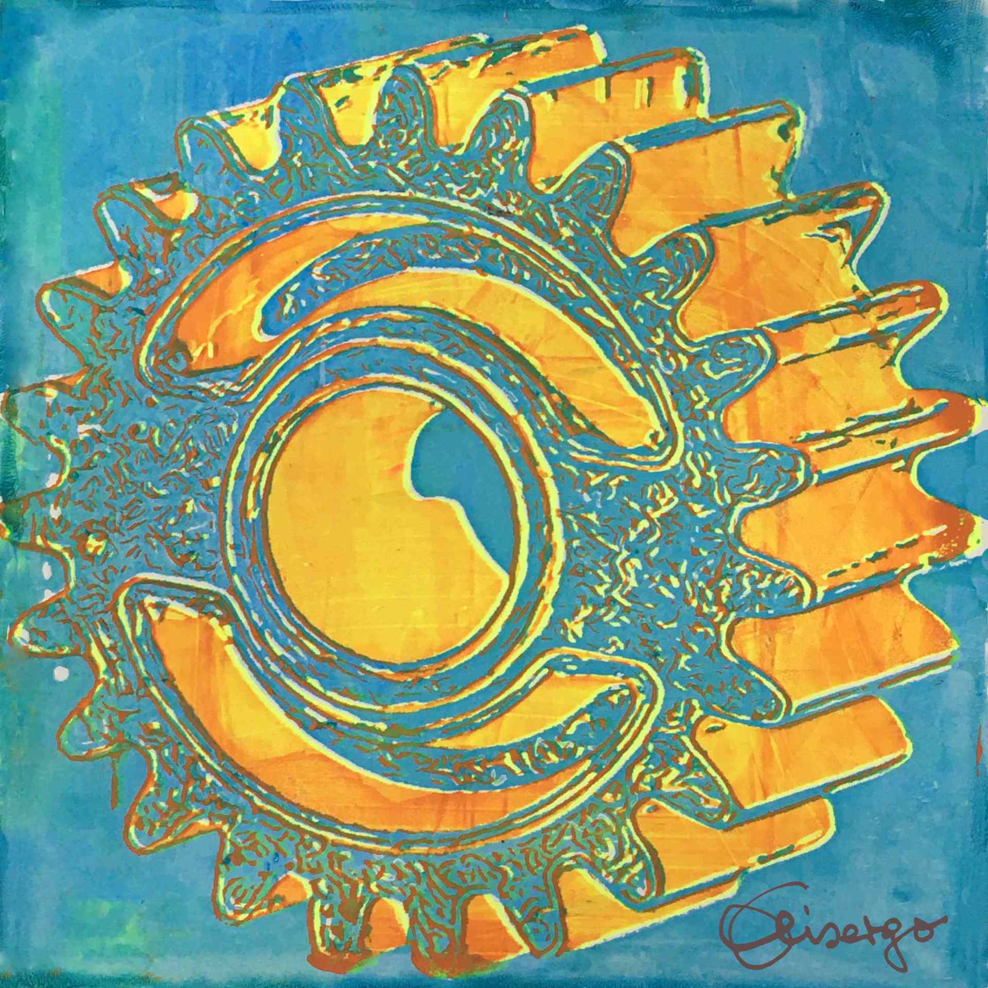 Bild, Gemälde, Siebdruck, Augsburg, Industrie, Zahnrad, Uhrwerk, Wasser, Figur, Hamster, Elisabeth Ernicke-Goßner, Elisergo