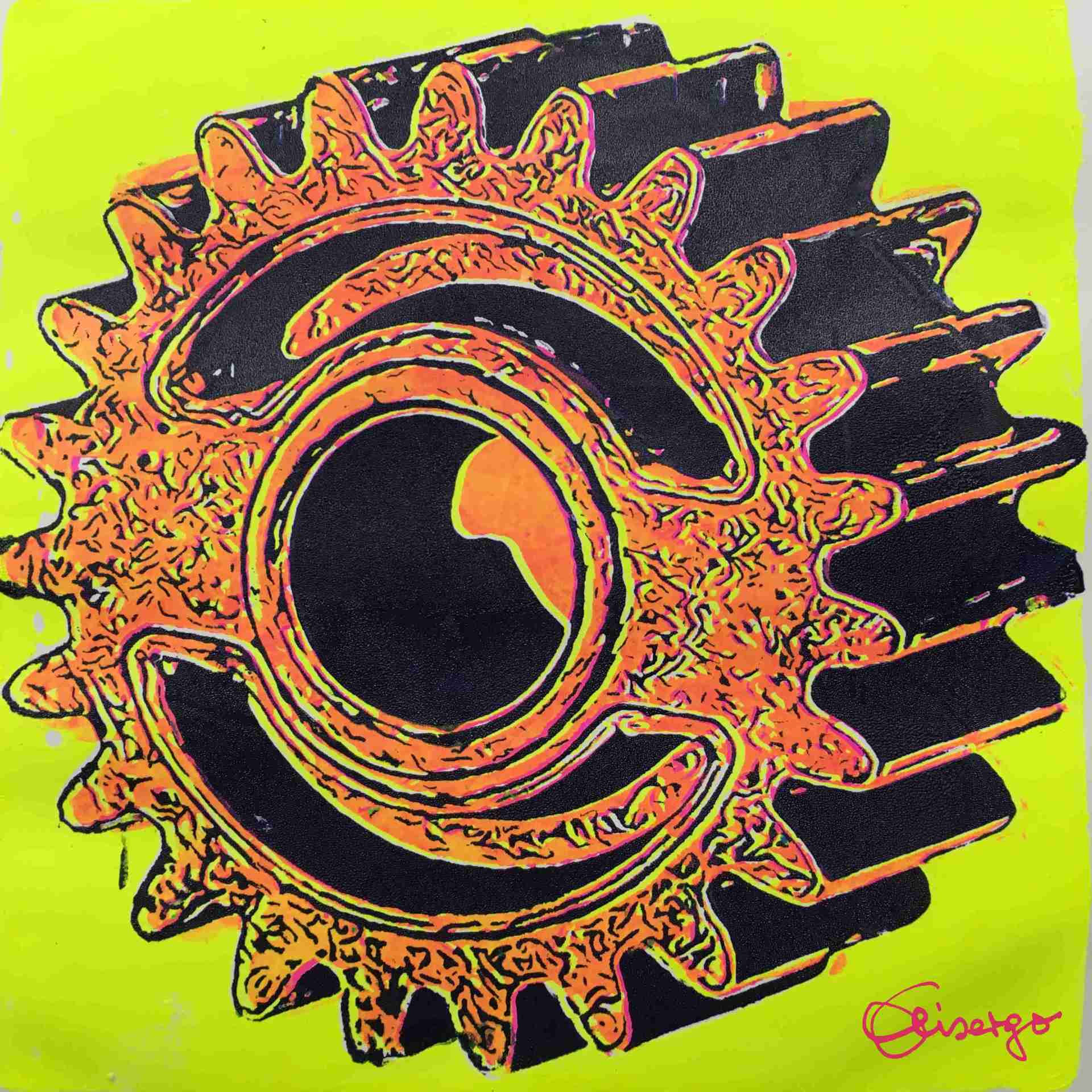 Bild, Gemälde, Siebdruck, Augsburg, Industrie, Zahnrad, Uhrwerk, Wasser, Figur, Hamster, Elisabeth Ernicke-Goßner, Elisergo