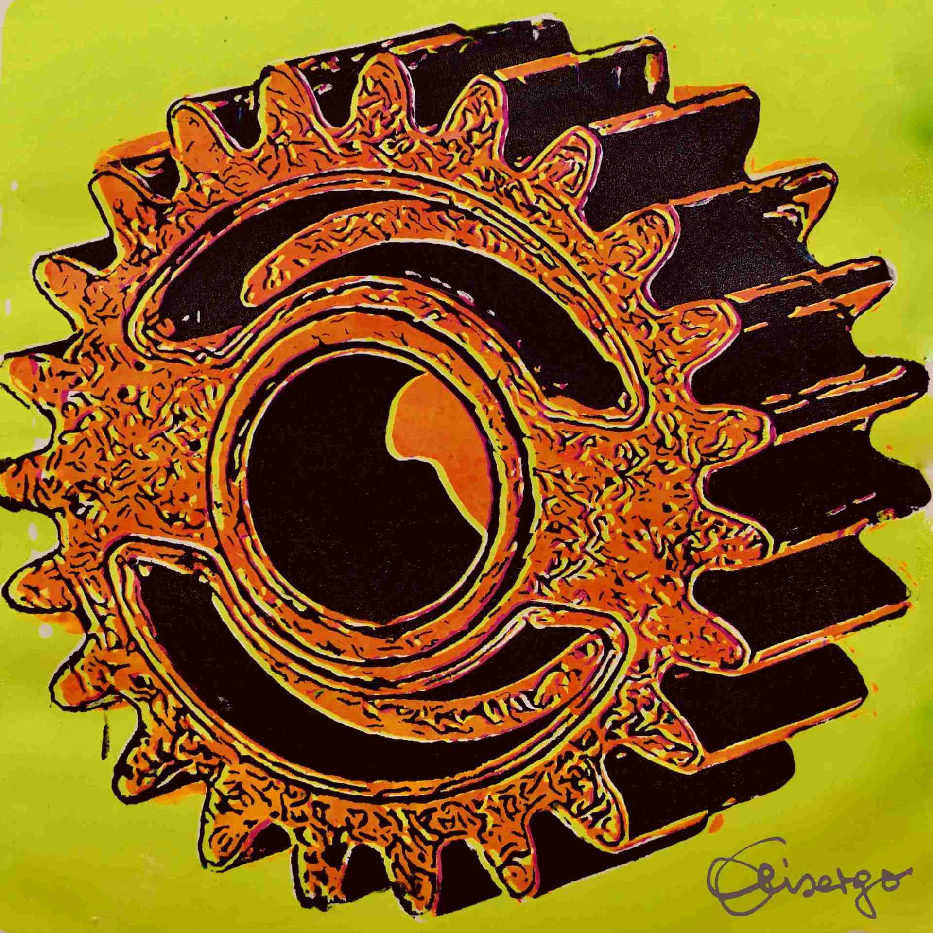 Bild, Gemälde, Siebdruck, Augsburg, Industrie, Zahnrad, Uhrwerk, Wasser, Figur, Hamster, Elisabeth Ernicke-Goßner, Elisergo