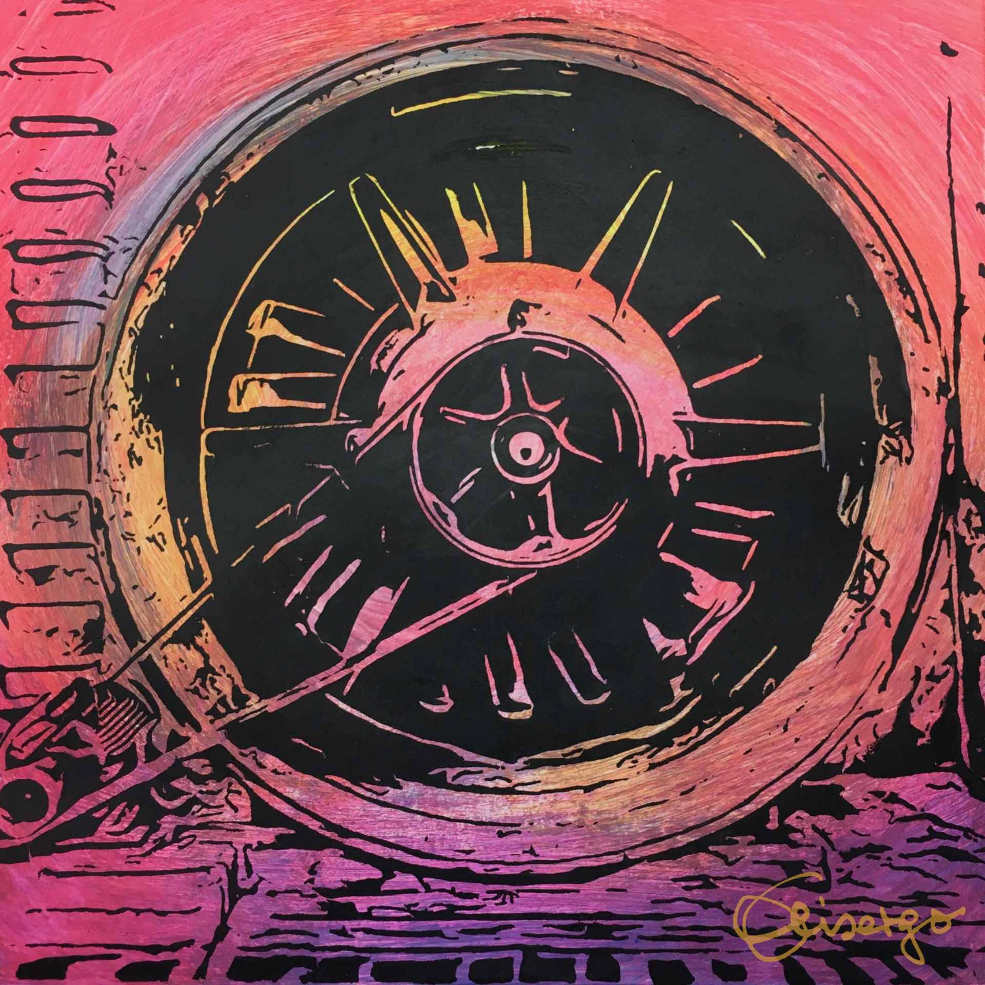 Bild, Gemälde, Siebdruck, Augsburg, Industrie, Zahnrad, Uhrwerk, Wasser, Figur, Hamster, Elisabeth Ernicke-Goßner, Elisergo