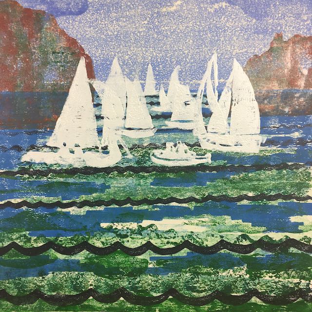 Bild, Elisabeth Ernicke-Goßner, Schiff, Regatta ,Wasser, Druck, Öl, HSC, Herrschinger Segelclub, Öl, Druck, Holzschnitt, Moosgrummidruck, Segeln