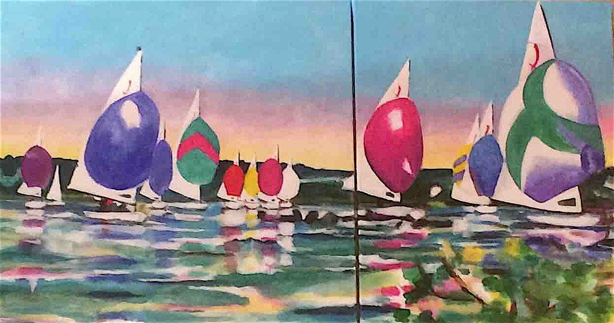 Bild, Elisabeth, Ernicke-Goßner, Schiff, Korsar-Boot, Jolle, Spinnaker, segeln, HSC, Herrschinger Segelclub, Acryl, Leinwand, Segeln