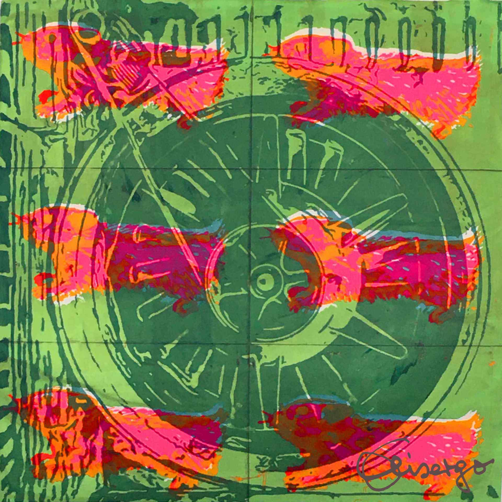 Bild, Gemälde, Siebdruck, Augsburg, Industrie, Zahnrad, Uhrwerk, Wasser, Figur, Hamster, Elisabeth Ernicke-Goßner, Elisergo