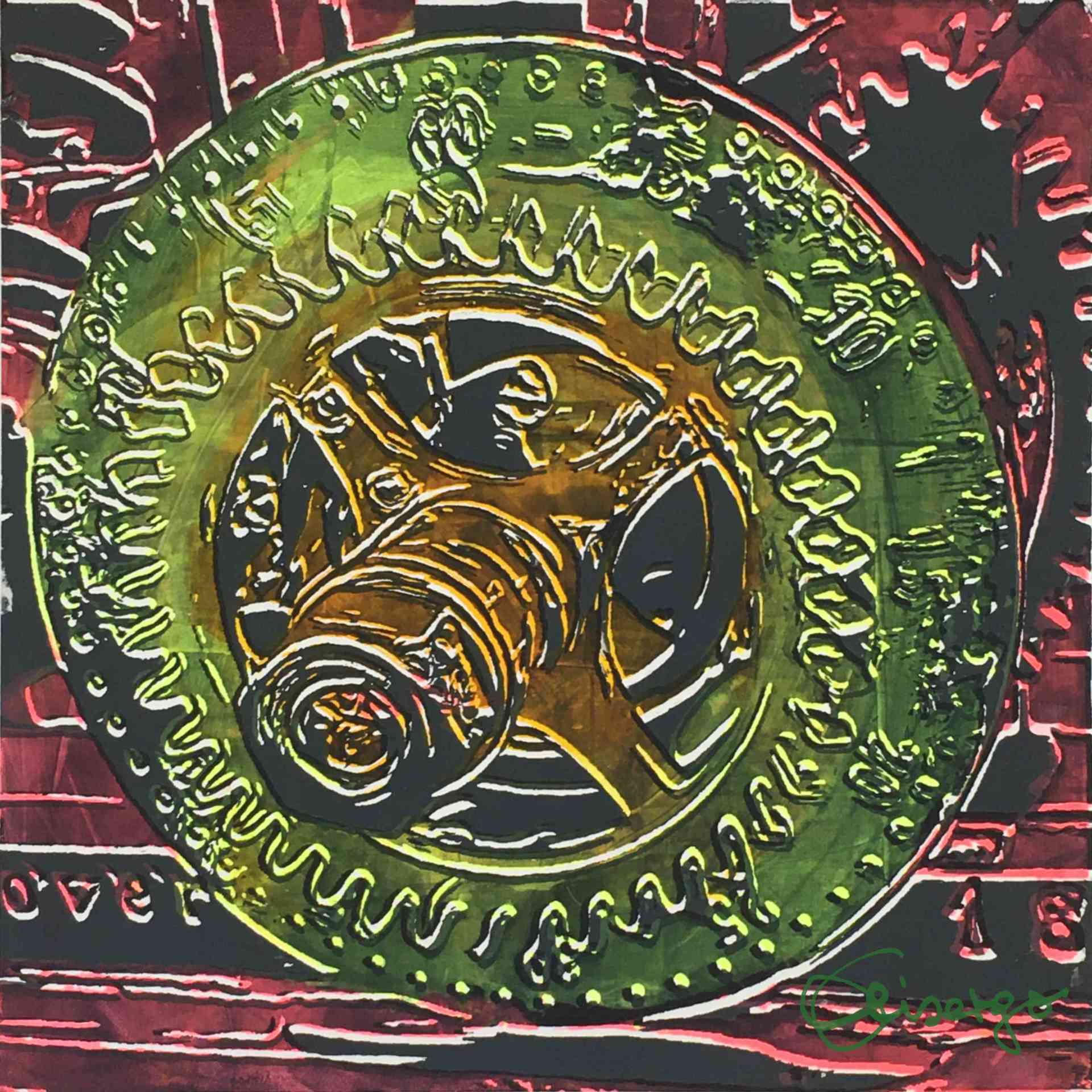 Bild, Gemälde, Siebdruck, Augsburg, Industrie, Zahnrad, Uhrwerk, Wasser, Figur, Hamster, Elisabeth Ernicke-Goßner, Elisergo