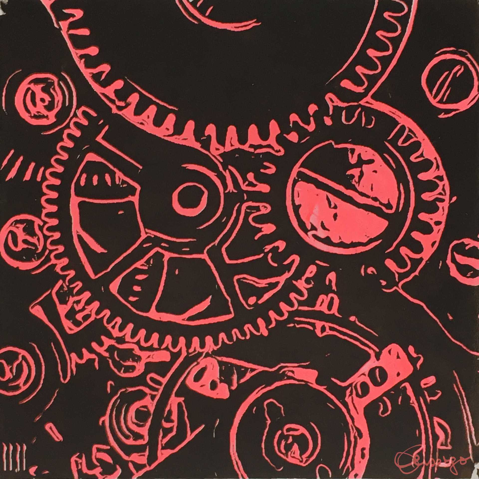 Bild, Gemälde, Siebdruck, Augsburg, Industrie, Zahnrad, Uhrwerk, Wasser, Figur, Hamster, Elisabeth Ernicke-Goßner, Elisergo