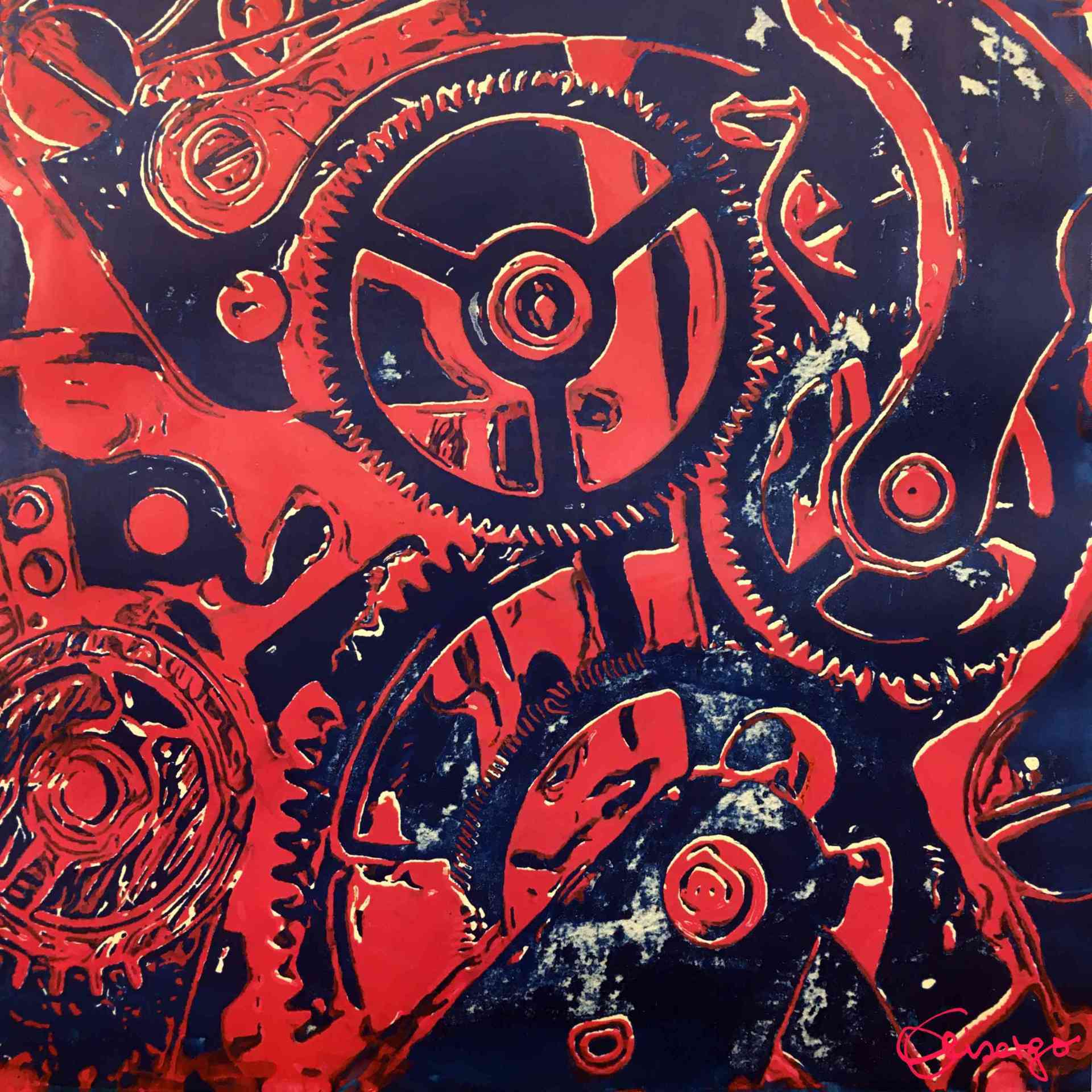 Bild, Gemälde, Siebdruck, Augsburg, Industrie, Zahnrad, Uhrwerk, Wasser, Figur, Hamster, Elisabeth Ernicke-Goßner, Elisergo