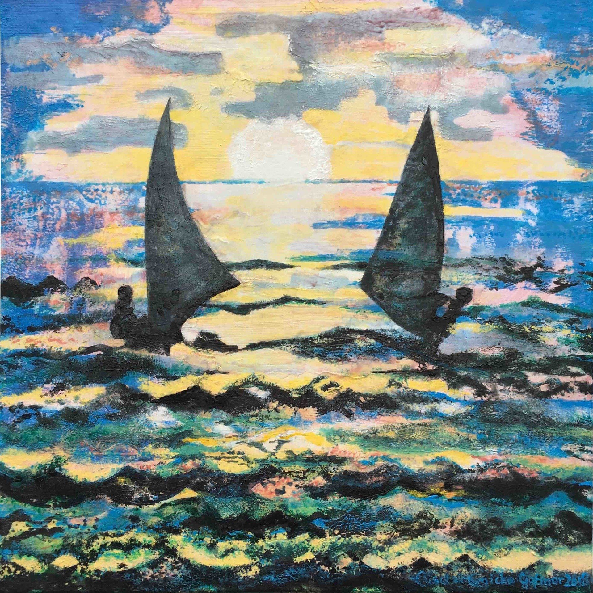 Bild, Elisabeth Ernicke-Goßner, Schiff, Jolle, Laser, HSC, Herrschinger Segelclub, Öl, Druck, Holzschnitt, Moosgrummidruck, Segeln