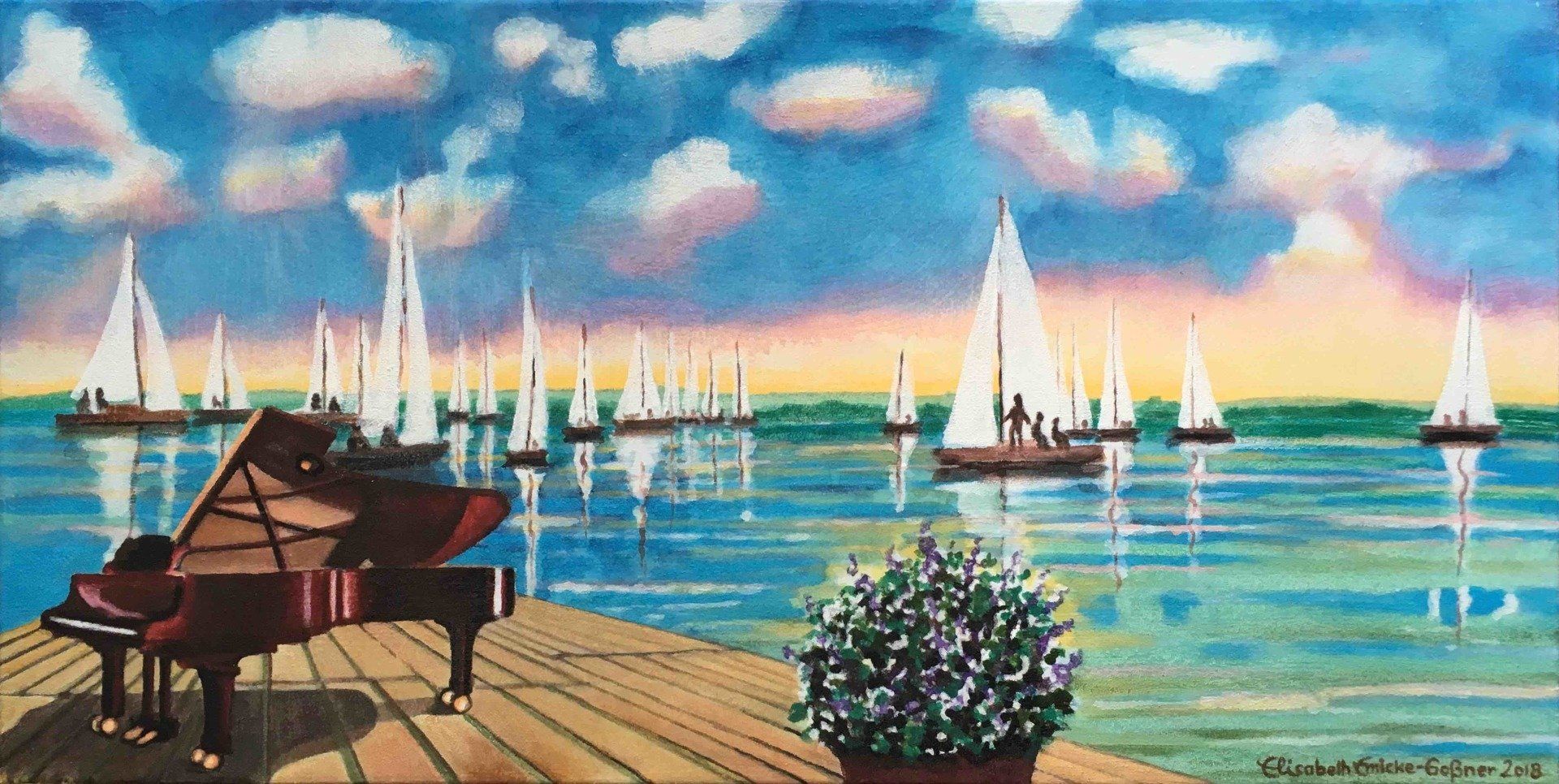 Bild, Elisabeth, Ernicke-Goßner, Schiff, Musik, Flügel, Steg , Yacht, segeln, HSC, Ammersee, Wasser, Acryl, Leinwand, Segeln