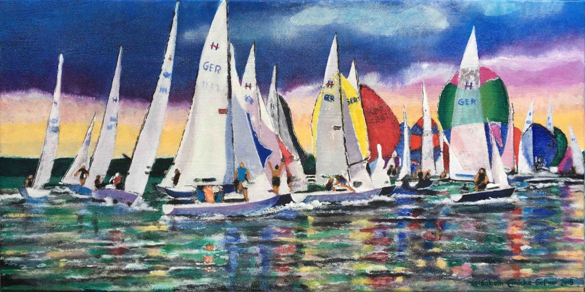 Bild, Elisabeth, Ernicke-Goßner, Schiff, H-Boot, Yacht, segeln, HSC, Herrschinger Segelclub, Acryl, Leinwand, Segeln