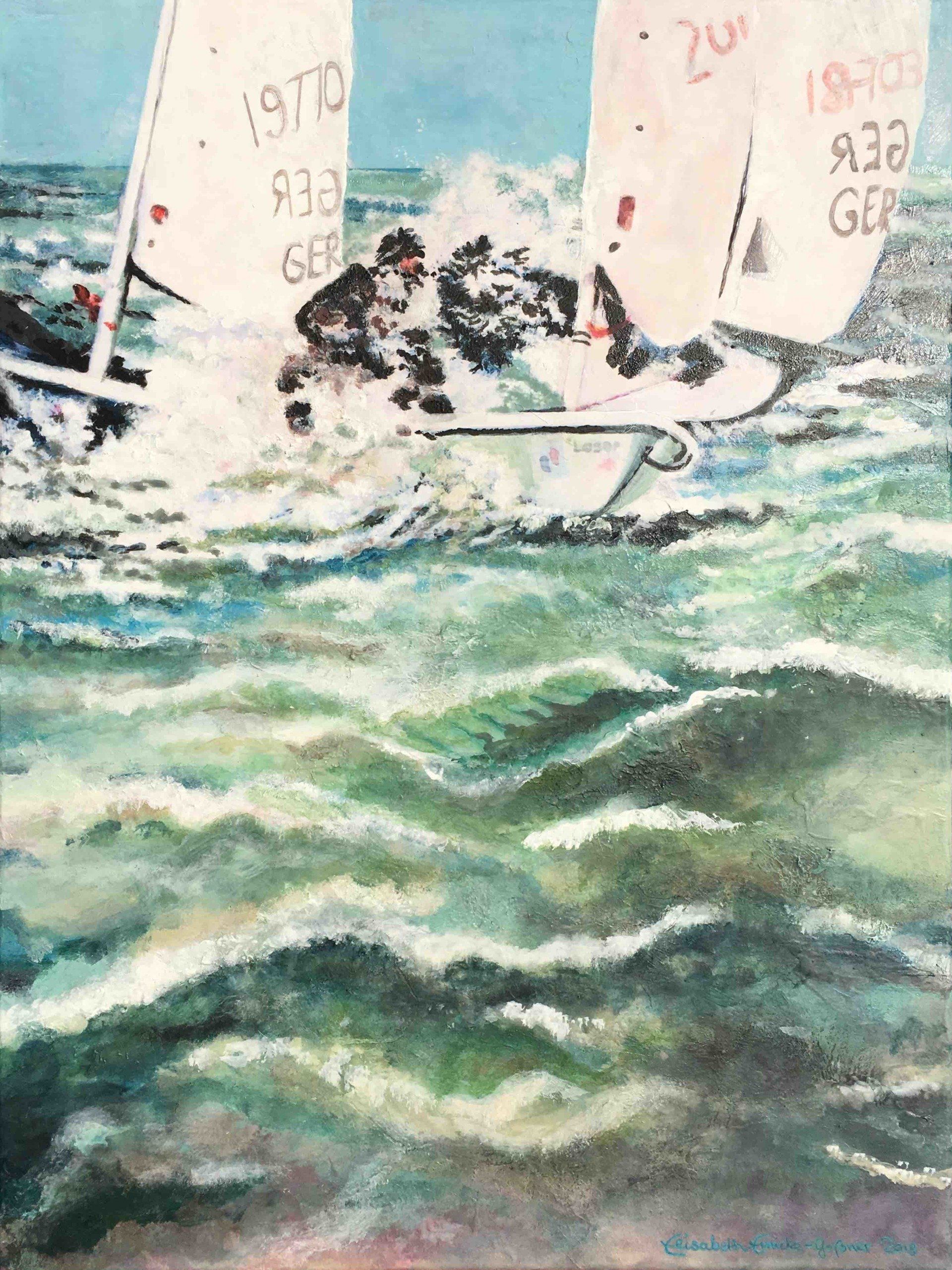 Bild, Elisabeth, Ernicke-Goßner, Schiff, Laser, Jolle, segeln, HSC, Herrschinger Segelclub, Acryl, Leinwand, Segeln