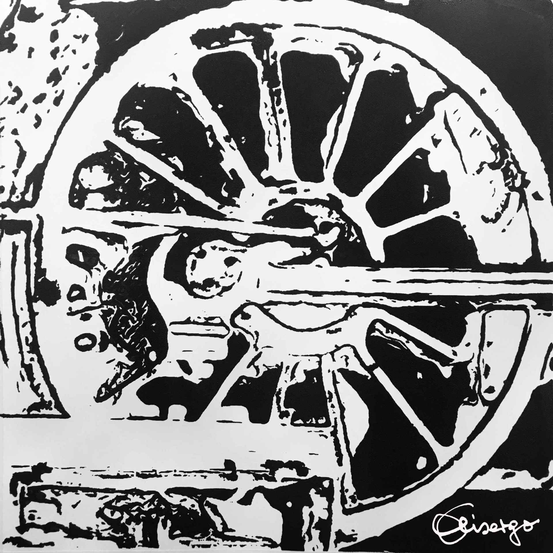 Bild, Gemälde, Siebdruck, Augsburg, Industrie, Zahnrad, Uhrwerk, Wasser, Figur, Hamster, Elisabeth Ernicke-Goßner, Elisergo