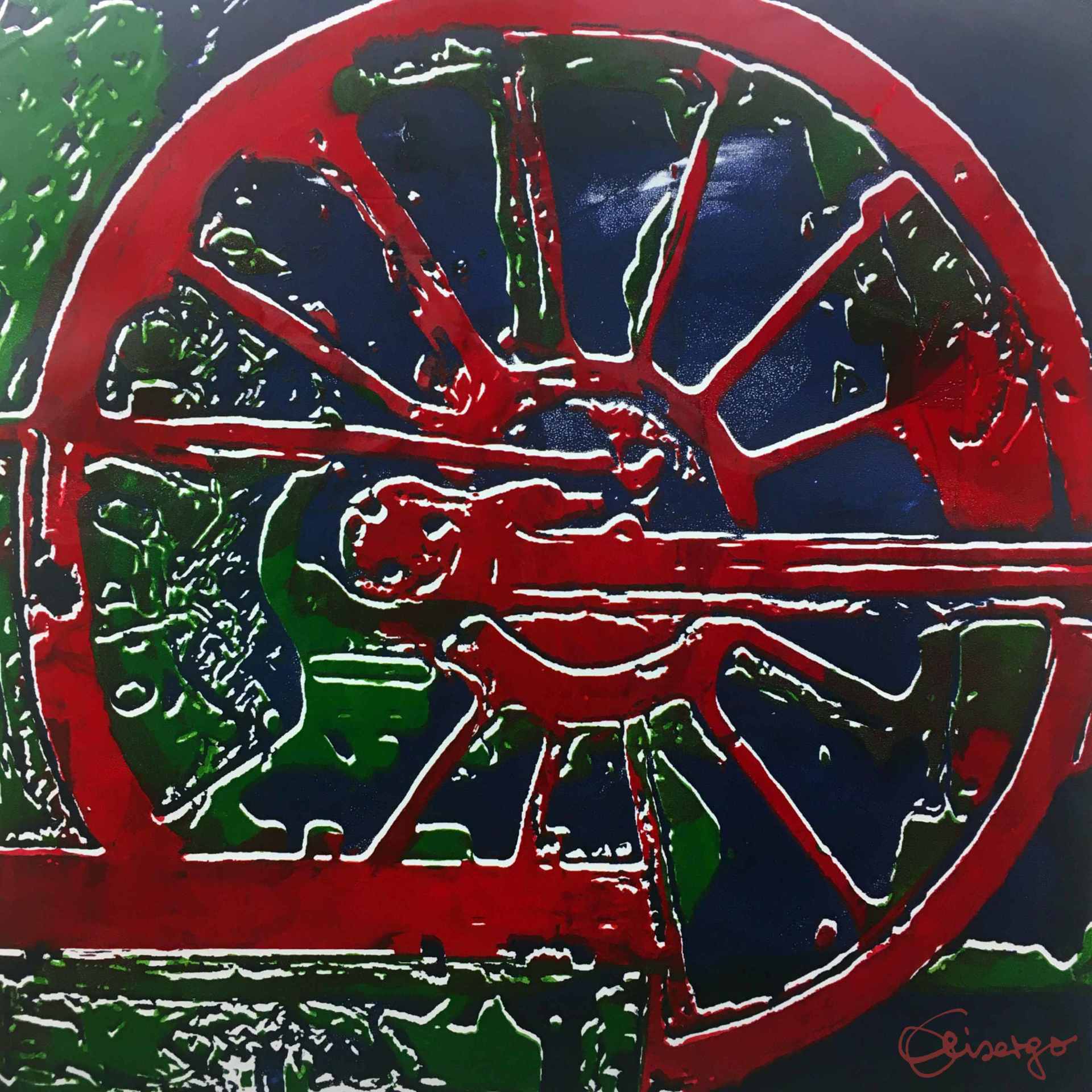 Bild, Gemälde, Siebdruck, Augsburg, Industrie, Zahnrad, Uhrwerk, Wasser, Figur, Hamster, Elisabeth Ernicke-Goßner, Elisergo