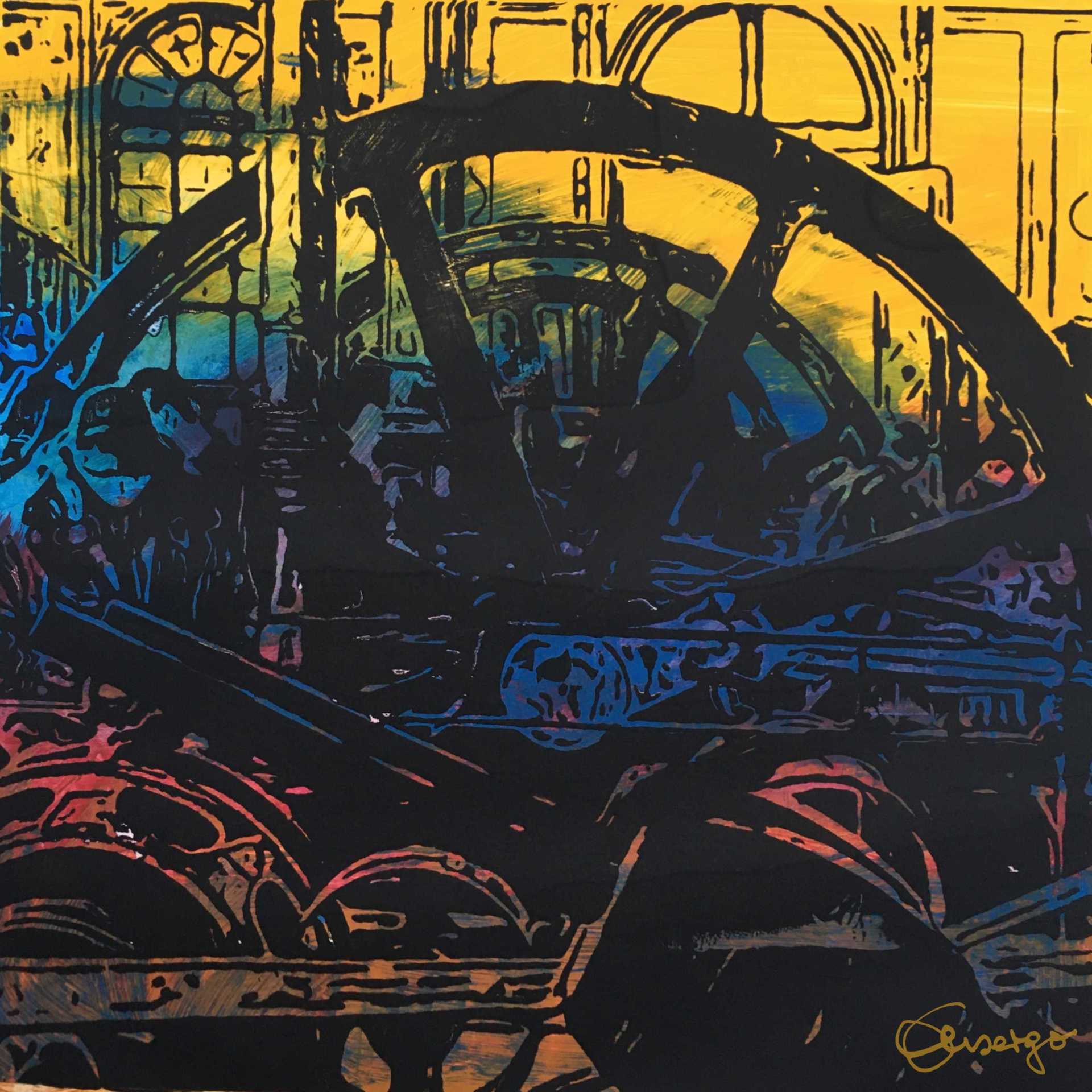 Bild, Gemälde, Siebdruck, Augsburg, Industrie, Zahnrad, Uhrwerk, Wasser, Figur, Hamster, Elisabeth Ernicke-Goßner, Elisergo