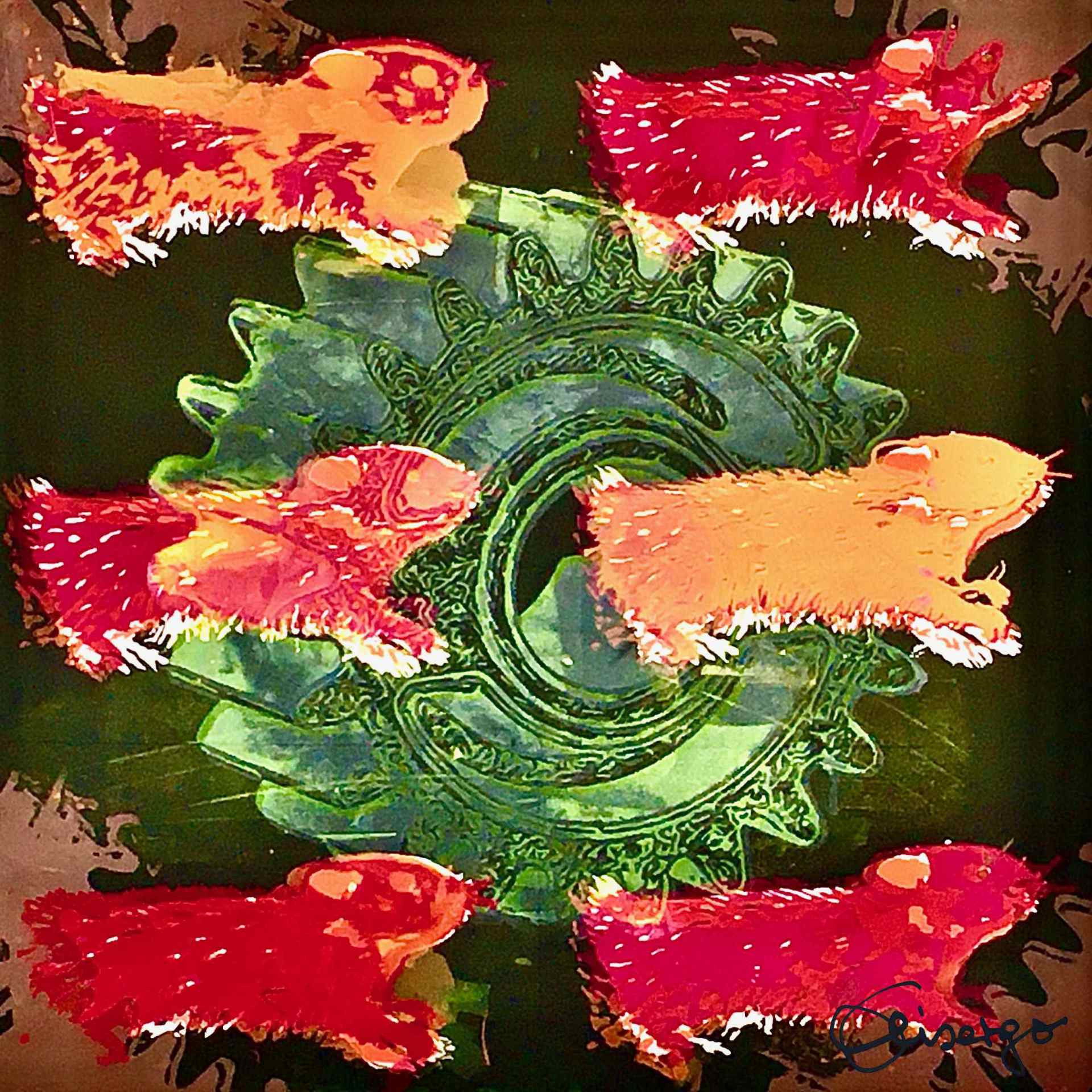 Bild, Gemälde, Siebdruck, Augsburg, Industrie, Zahnrad, Uhrwerk, Wasser, Figur, Hamster, Elisabeth Ernicke-Goßner, Elisergo