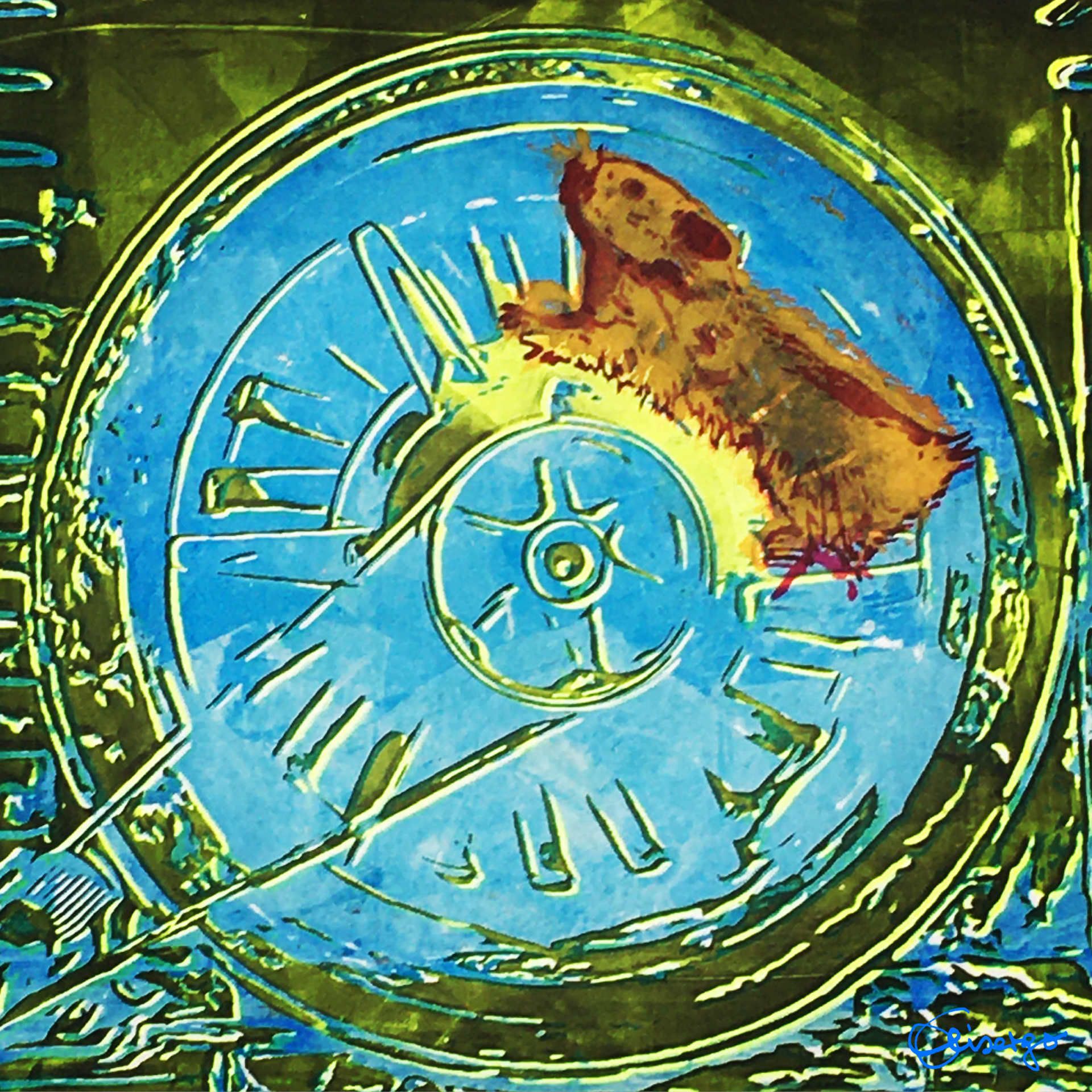 Bild, Gemälde, Siebdruck, Augsburg, Industrie, Zahnrad, Uhrwerk, Wasser, Figur, Hamster, Elisabeth Ernicke-Goßner, Elisergo