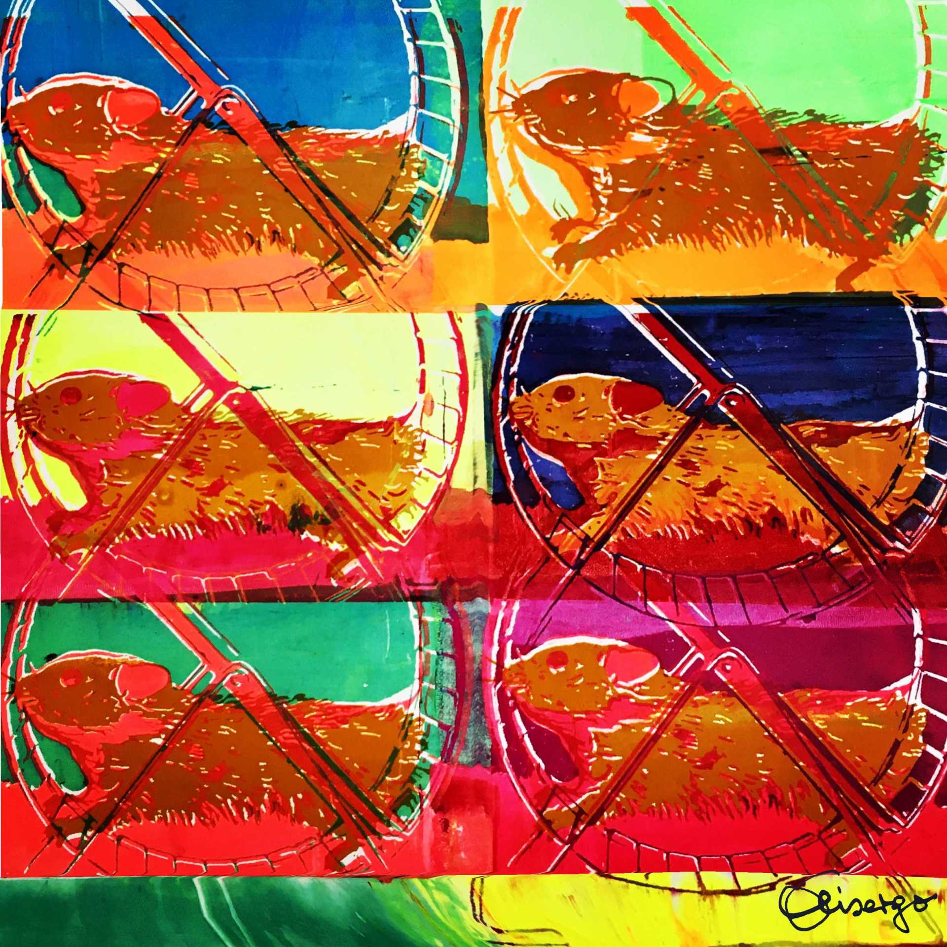 Bild, Gemälde, Siebdruck, Augsburg, Industrie, Zahnrad, Uhrwerk, Wasser, Figur, Hamster, Elisabeth Ernicke-Goßner, Elisergo